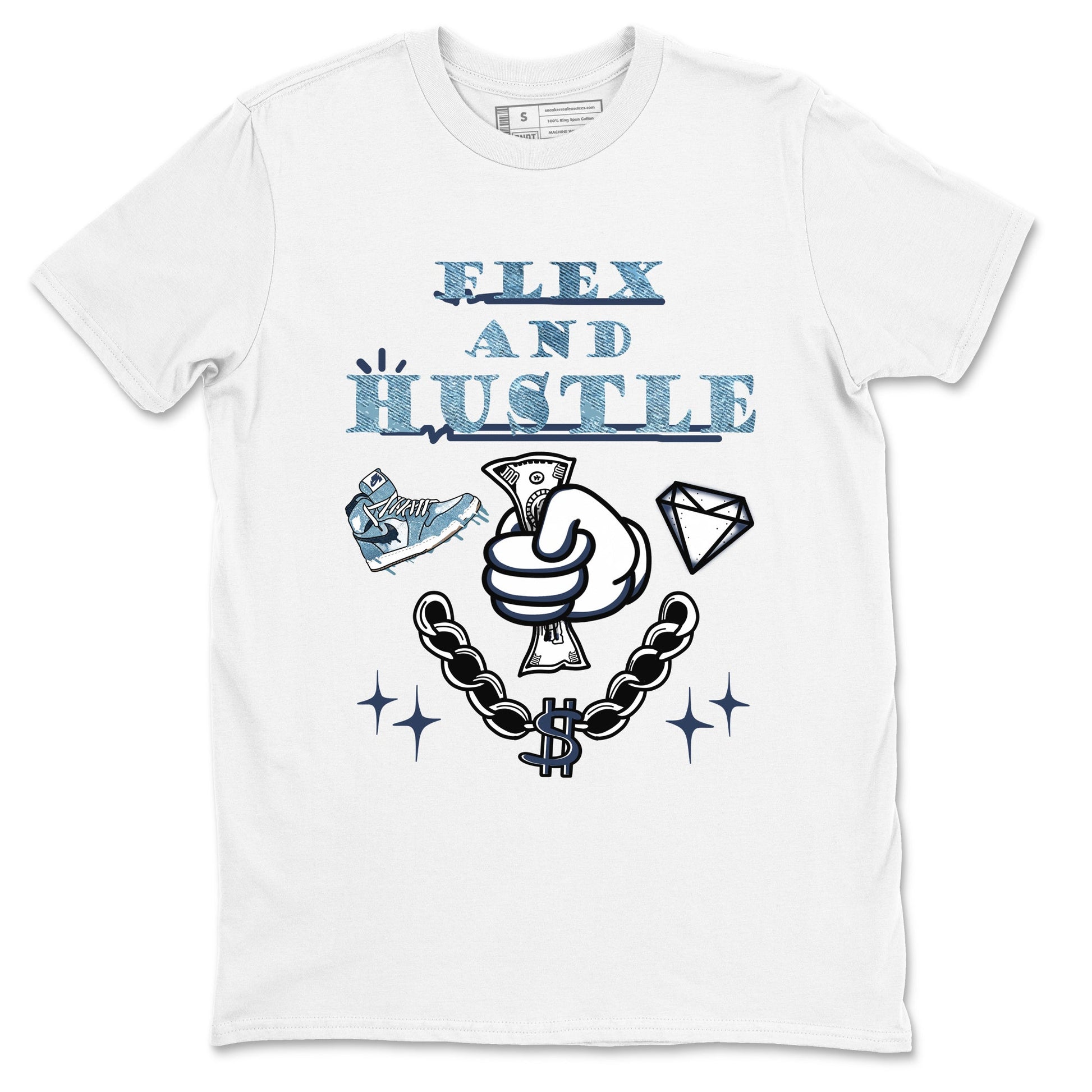 1s Denim shirts to match jordans Flex And Hustle sneaker match tees Air Jordan 1 Denim SNRT Sneaker Tees streetwear brand White 2 unisex cotton tee