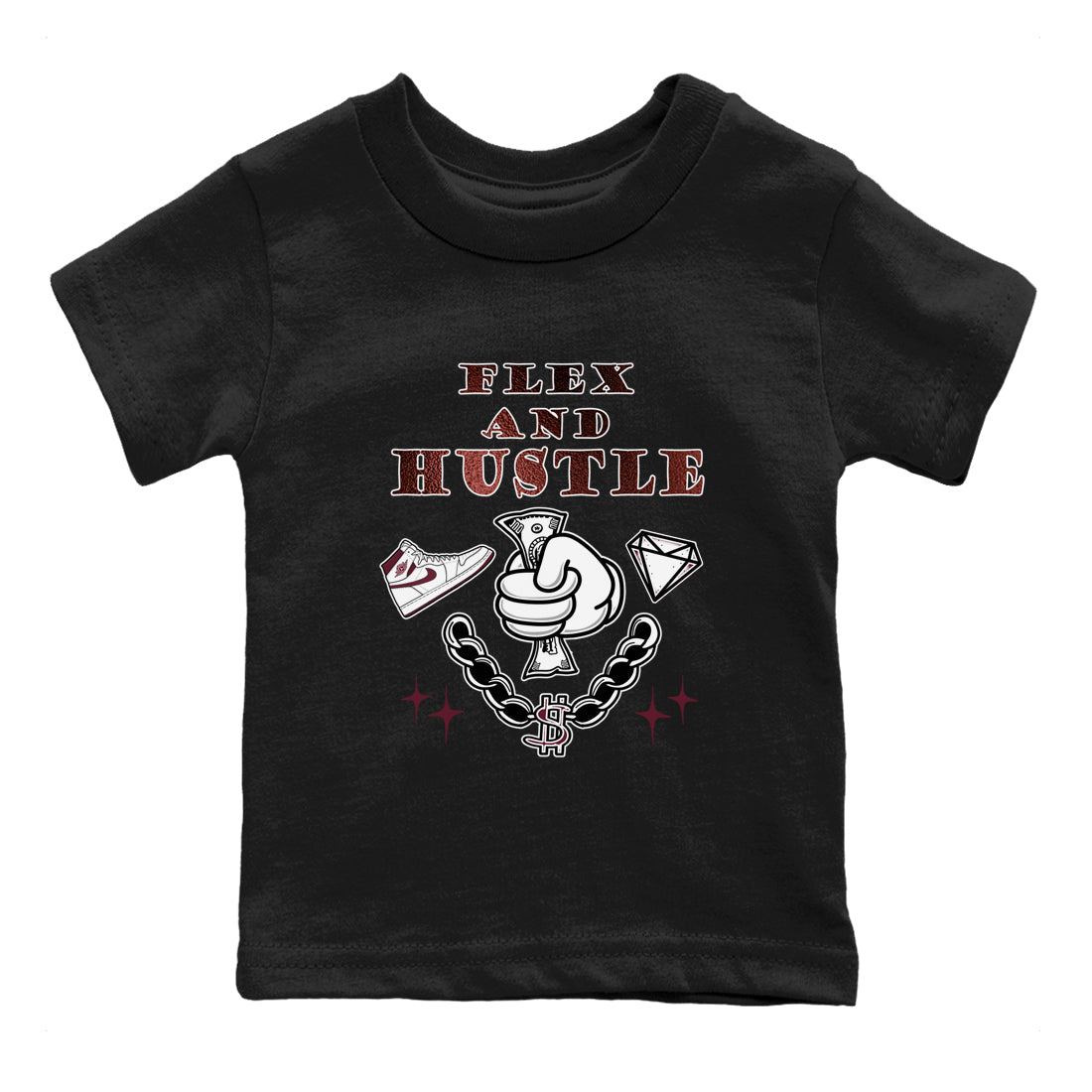 AJ1 High '85 Metallic Burgundy shirts to match jordans Flex And Hustle sneaker match tees 1s High '85 Metallic Burgundy SNRT Sneaker Tees streetwear brand Baby and Youth Black 2 cotton tee