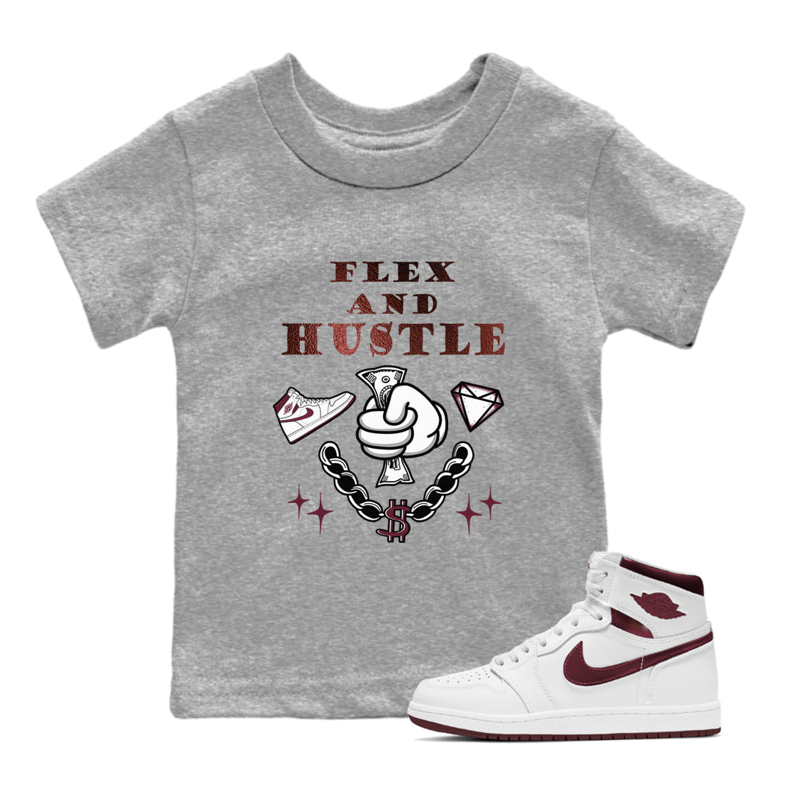 AJ1 High '85 Metallic Burgundy shirts to match jordans Flex And Hustle sneaker match tees 1s High '85 Metallic Burgundy SNRT Sneaker Tees streetwear brand Baby and Youth Heather Grey 1 cotton tee