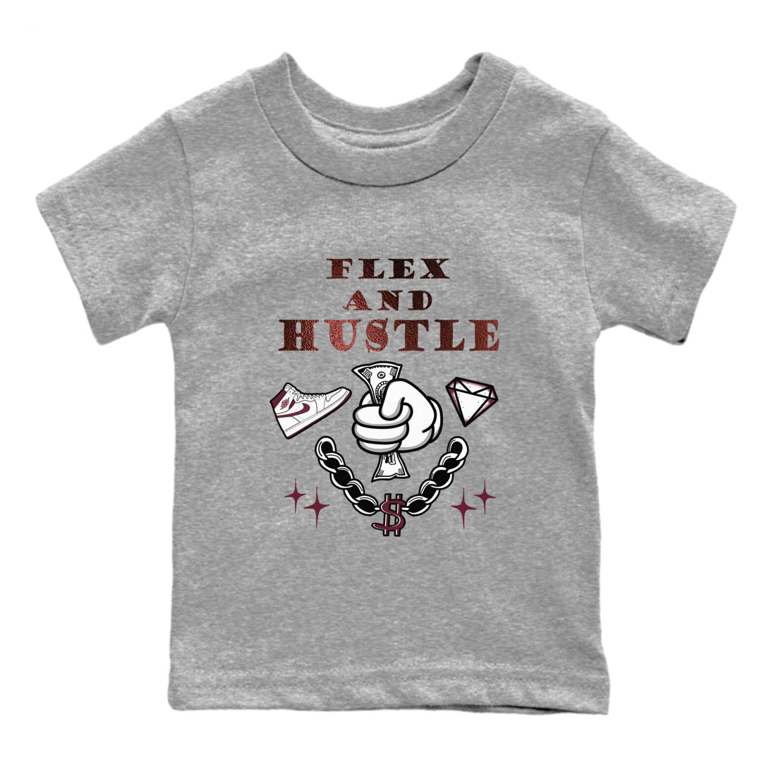 AJ1 High '85 Metallic Burgundy shirts to match jordans Flex And Hustle sneaker match tees 1s High '85 Metallic Burgundy SNRT Sneaker Tees streetwear brand Baby and Youth Heather Grey 2 cotton tee