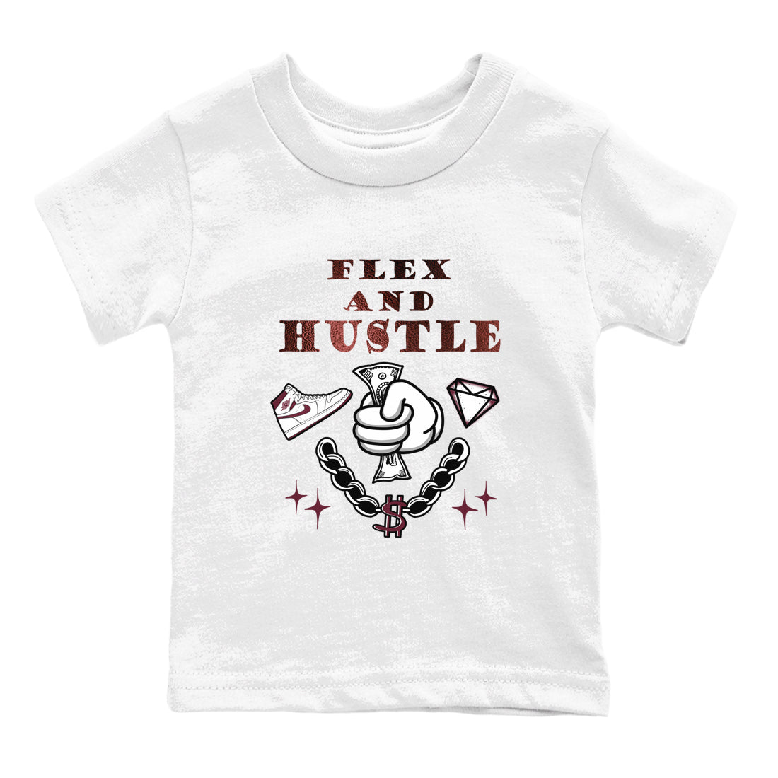 AJ1 High '85 Metallic Burgundy shirts to match jordans Flex And Hustle sneaker match tees 1s High '85 Metallic Burgundy SNRT Sneaker Tees streetwear brand Baby and Youth White 2 cotton tee