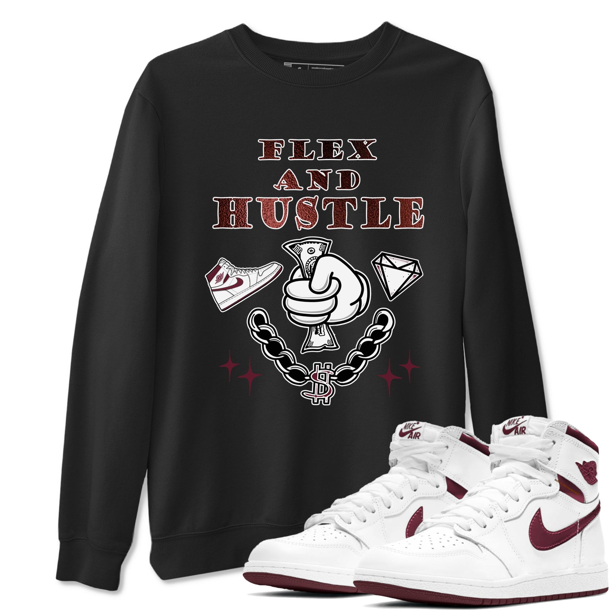 AJ1 High '85 Metallic Burgundy shirts to match jordans Flex And Hustle sneaker match tees 1s High '85 Metallic Burgundy SNRT Sneaker Tees streetwear brand Black 1 unisex cotton tee