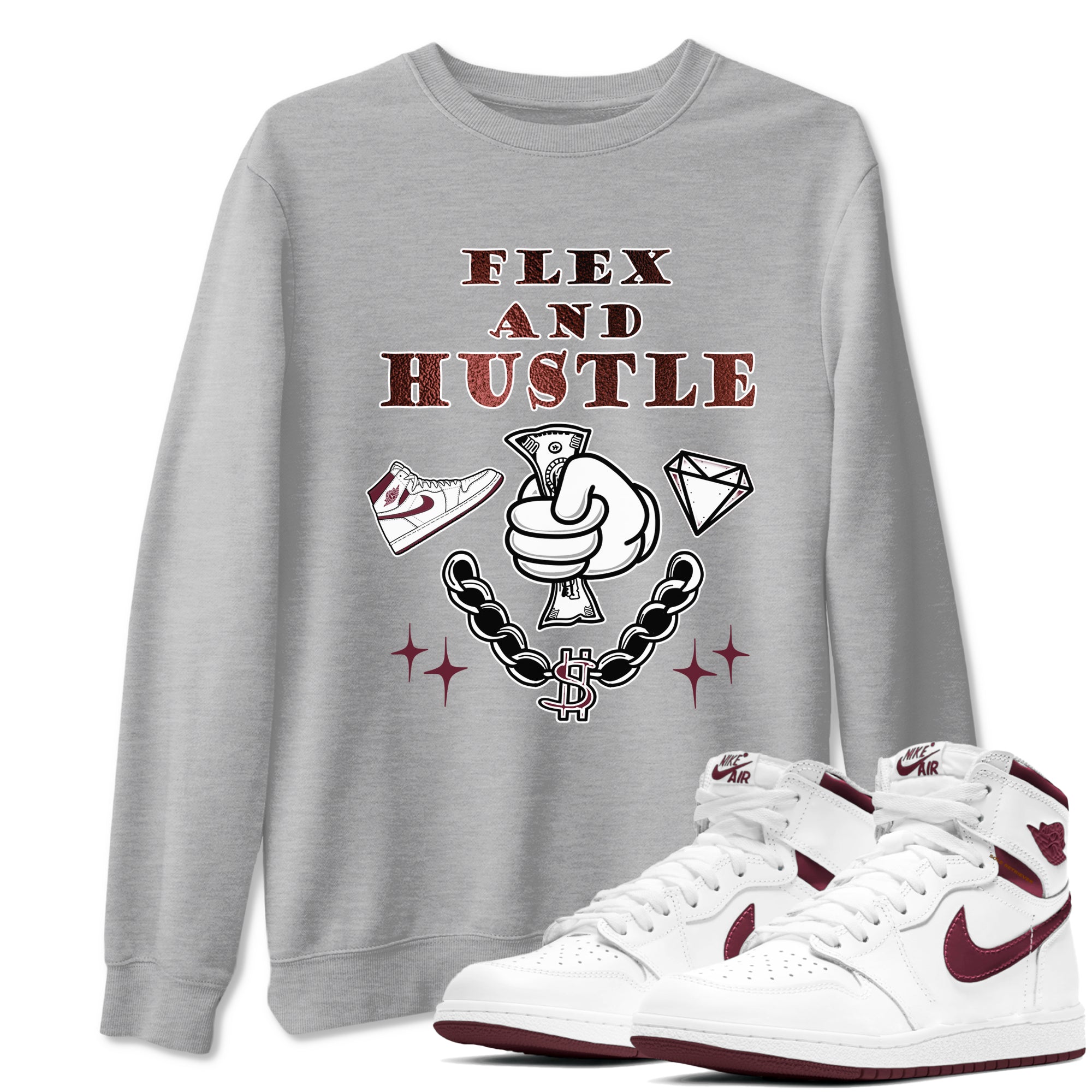 AJ1 High '85 Metallic Burgundy shirts to match jordans Flex And Hustle sneaker match tees 1s High '85 Metallic Burgundy SNRT Sneaker Tees streetwear brand Heather Grey 1 unisex cotton tee