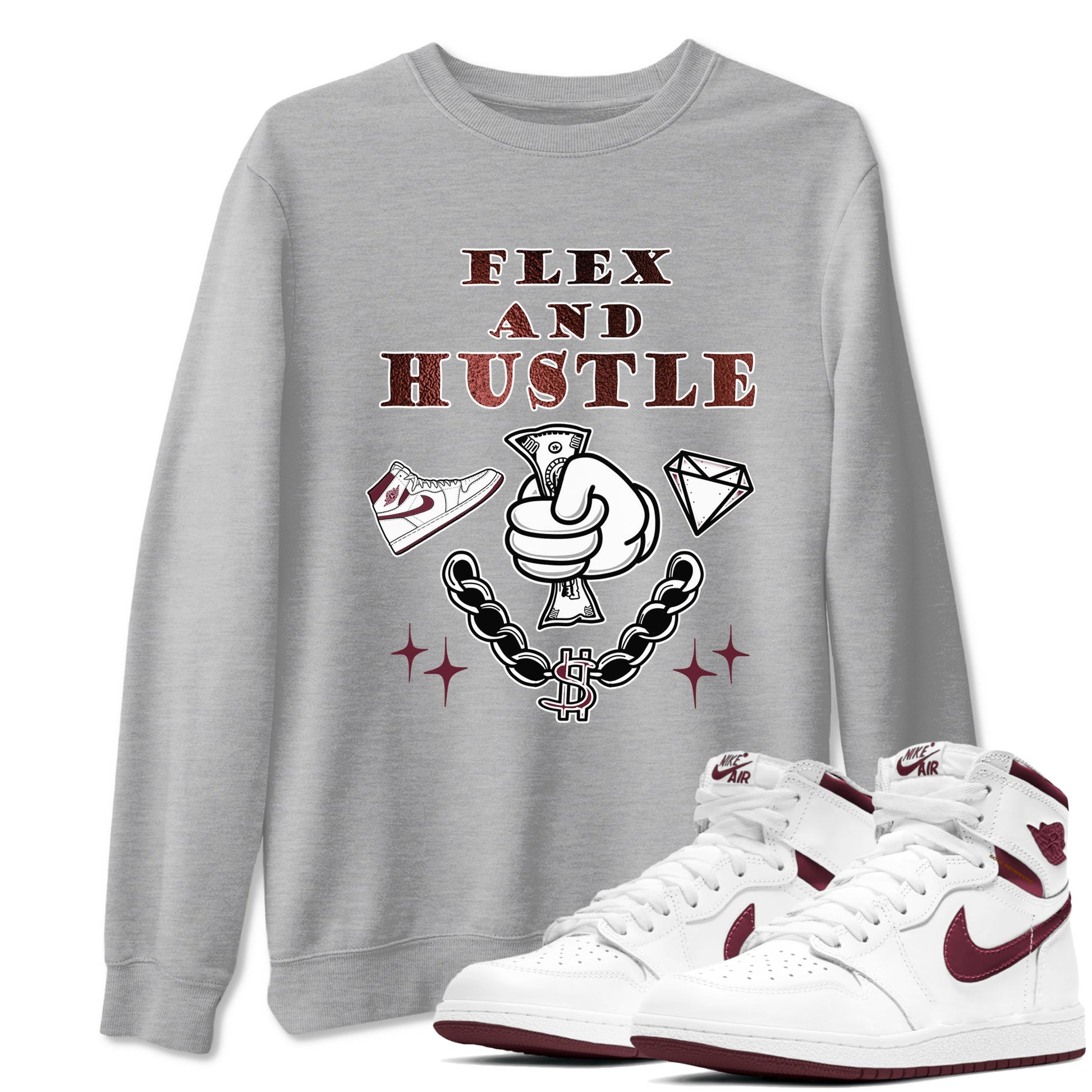 AJ1 High '85 Metallic Burgundy shirts to match jordans Flex And Hustle sneaker match tees 1s High '85 Metallic Burgundy SNRT Sneaker Tees streetwear brand Heather Grey 1 unisex cotton tee