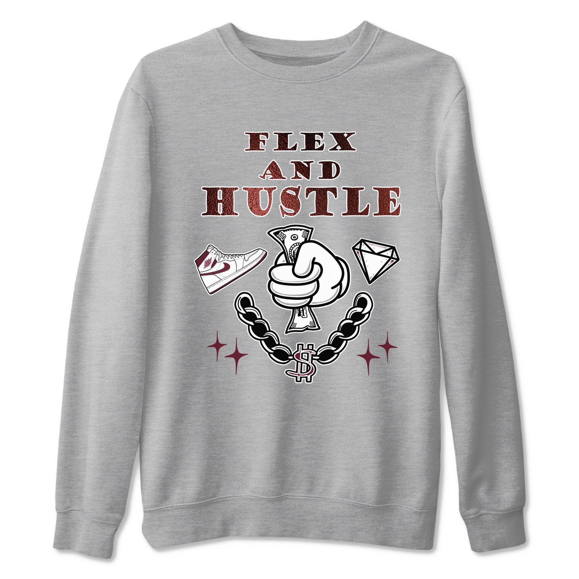 AJ1 High '85 Metallic Burgundy shirts to match jordans Flex And Hustle sneaker match tees 1s High '85 Metallic Burgundy SNRT Sneaker Tees streetwear brand Heather Grey 2 unisex cotton tee