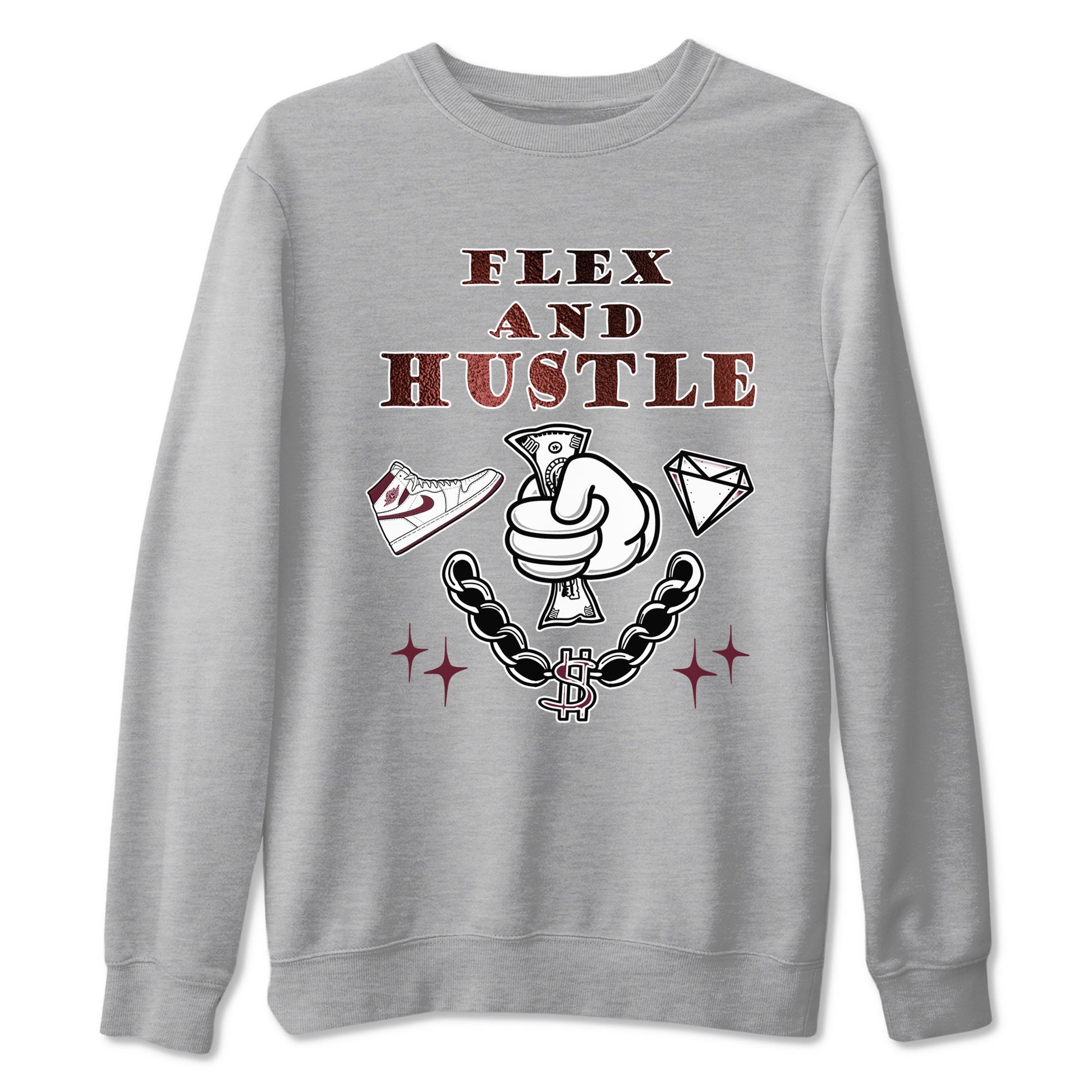 AJ1 High '85 Metallic Burgundy shirts to match jordans Flex And Hustle sneaker match tees 1s High '85 Metallic Burgundy SNRT Sneaker Tees streetwear brand Heather Grey 2 unisex cotton tee