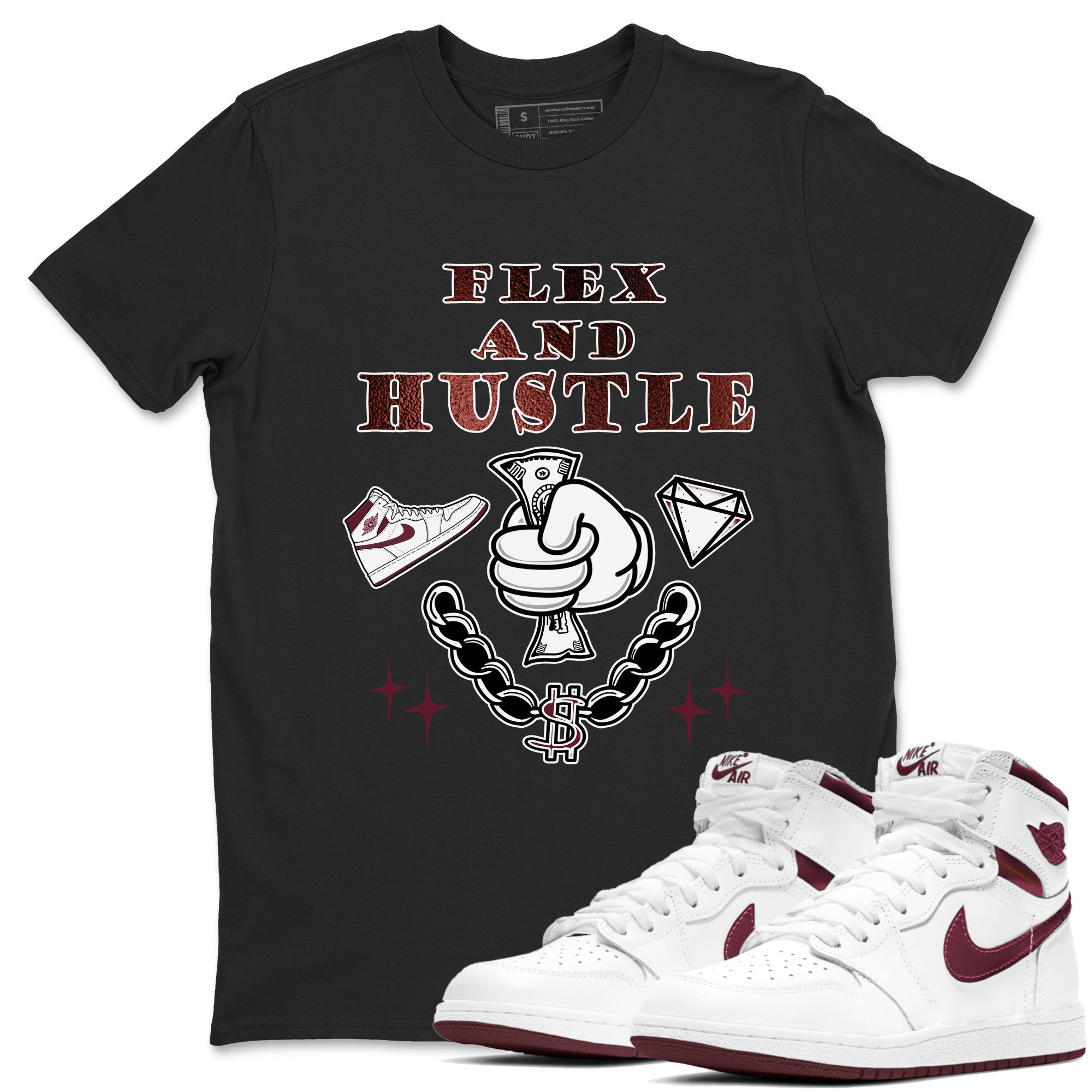 AJ1 High '85 Metallic Burgundy shirts to match jordans Flex And Hustle sneaker match tees 1s High '85 Metallic Burgundy SNRT Sneaker Tees streetwear brand Black 1 unisex cotton tee
