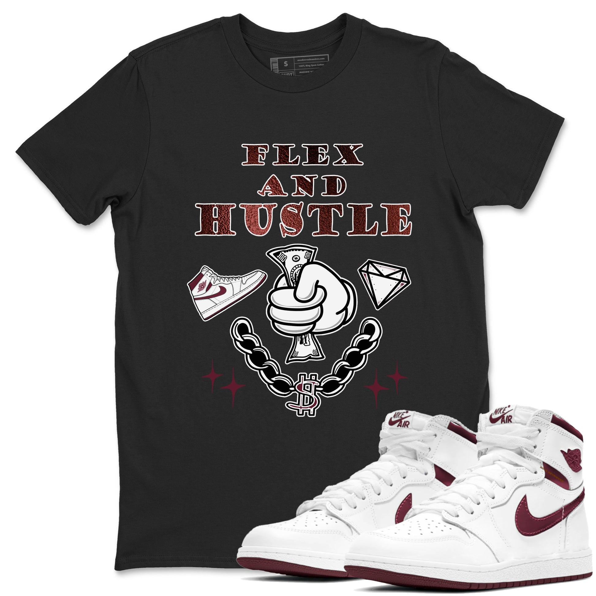 AJ1 High '85 Metallic Burgundy shirts to match jordans Flex And Hustle sneaker match tees 1s High '85 Metallic Burgundy SNRT Sneaker Tees streetwear brand Black 1 unisex cotton tee