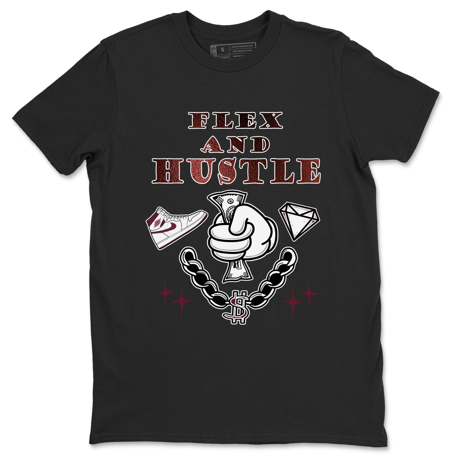 AJ1 High '85 Metallic Burgundy shirts to match jordans Flex And Hustle sneaker match tees 1s High '85 Metallic Burgundy SNRT Sneaker Tees streetwear brand Black 2 unisex cotton tee