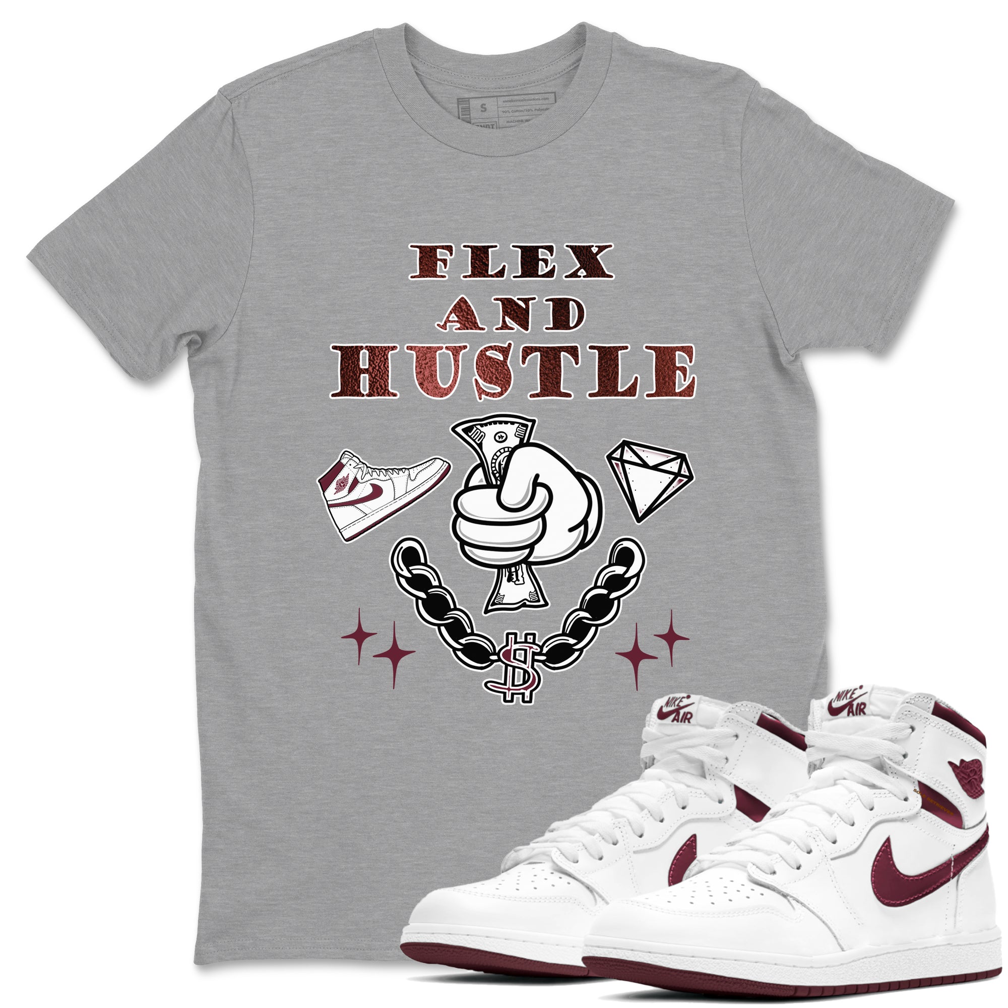 AJ1 High '85 Metallic Burgundy shirts to match jordans Flex And Hustle sneaker match tees 1s High '85 Metallic Burgundy SNRT Sneaker Tees streetwear brand Heather Grey 1 unisex cotton tee
