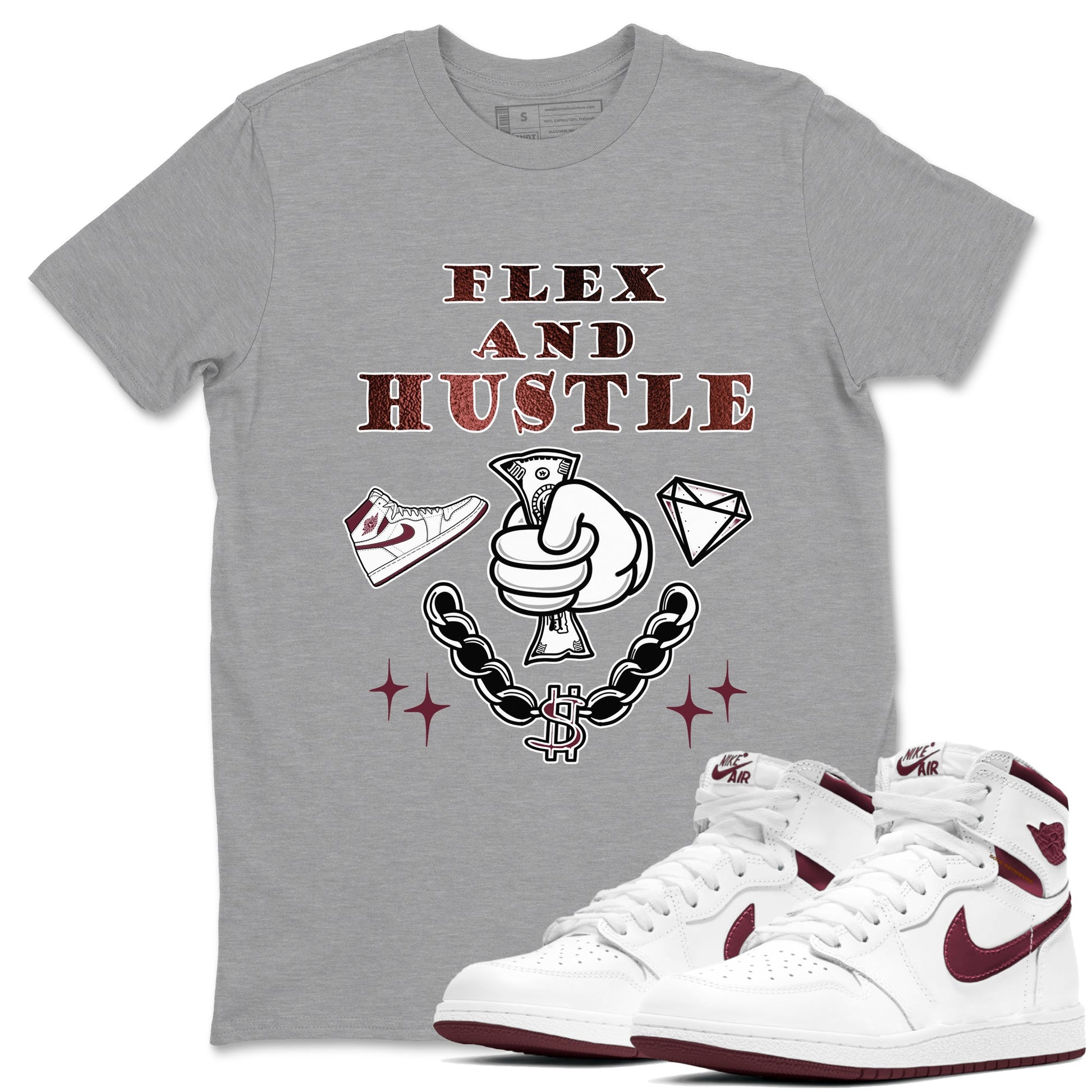 AJ1 High '85 Metallic Burgundy shirts to match jordans Flex And Hustle sneaker match tees 1s High '85 Metallic Burgundy SNRT Sneaker Tees streetwear brand Heather Grey 1 unisex cotton tee