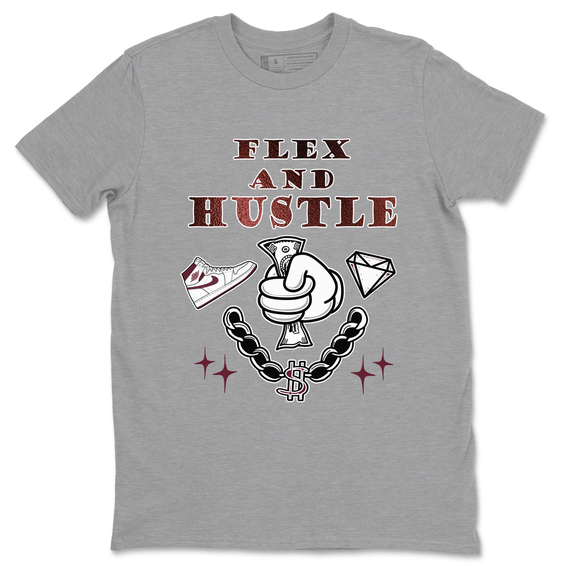 AJ1 High '85 Metallic Burgundy shirts to match jordans Flex And Hustle sneaker match tees 1s High '85 Metallic Burgundy SNRT Sneaker Tees streetwear brand Heather Grey 2 unisex cotton tee