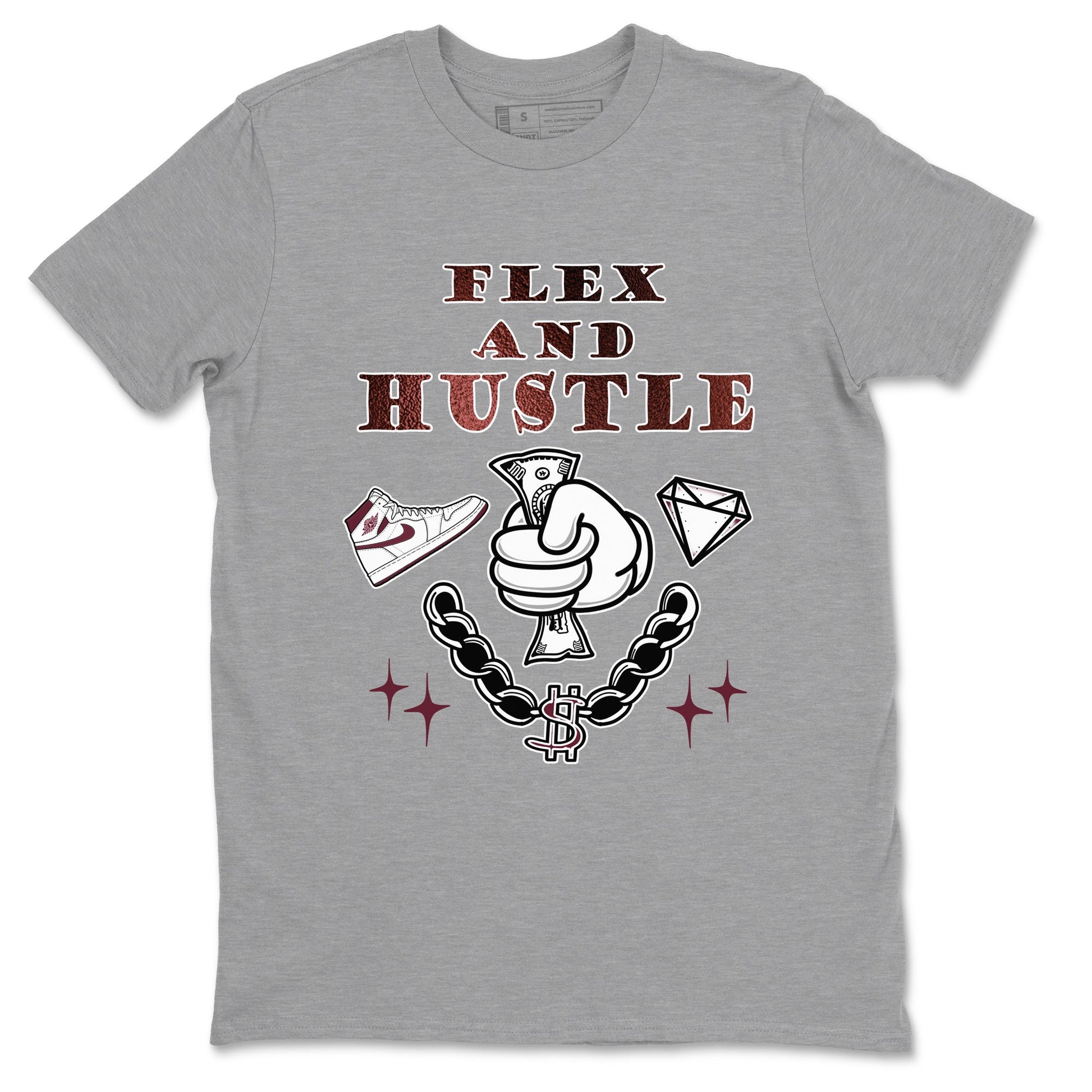 AJ1 High '85 Metallic Burgundy shirts to match jordans Flex And Hustle sneaker match tees 1s High '85 Metallic Burgundy SNRT Sneaker Tees streetwear brand Heather Grey 2 unisex cotton tee