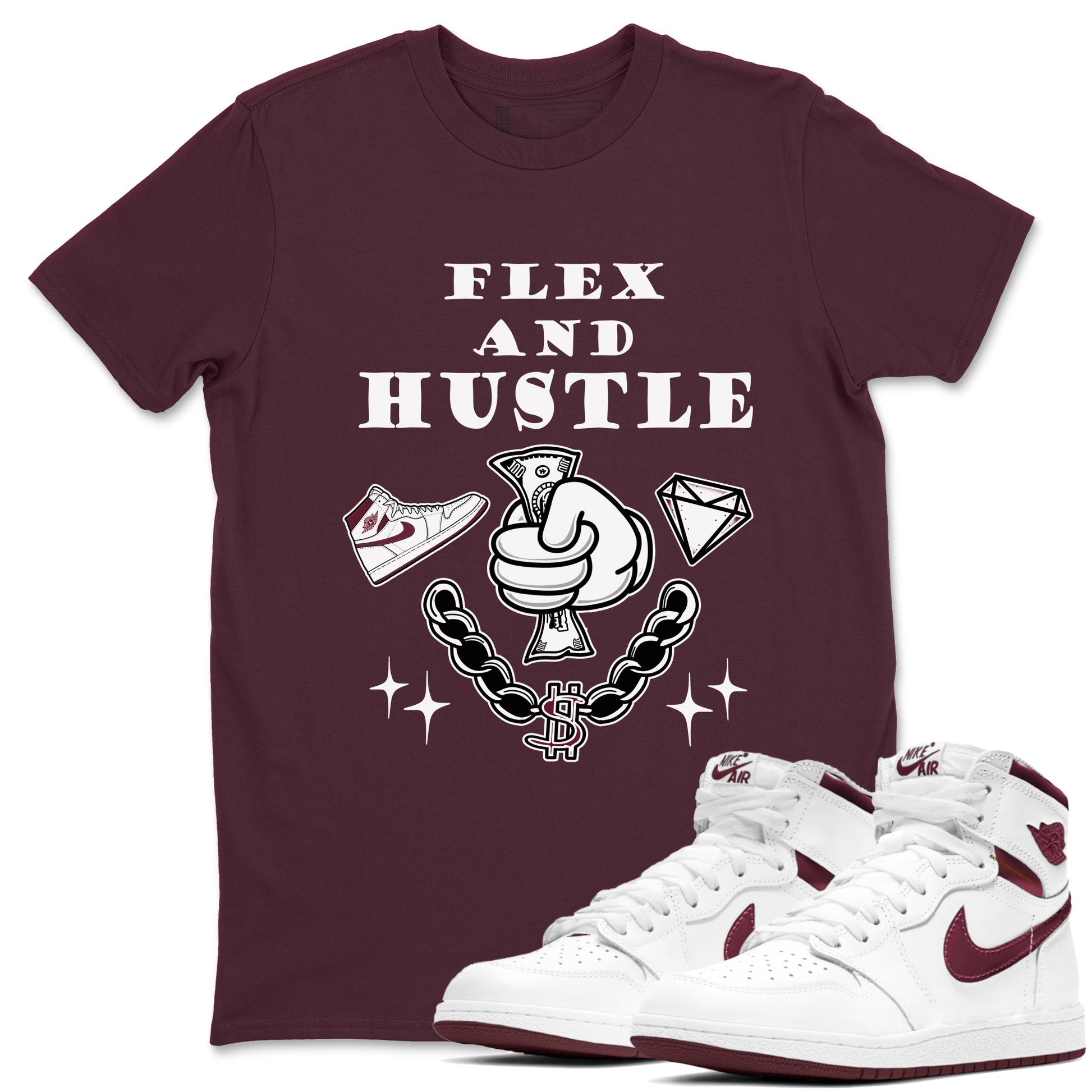 AJ1 High '85 Metallic Burgundy shirts to match jordans Flex And Hustle sneaker match tees 1s High '85 Metallic Burgundy SNRT Sneaker Tees streetwear brand Maroon 1 unisex cotton tee
