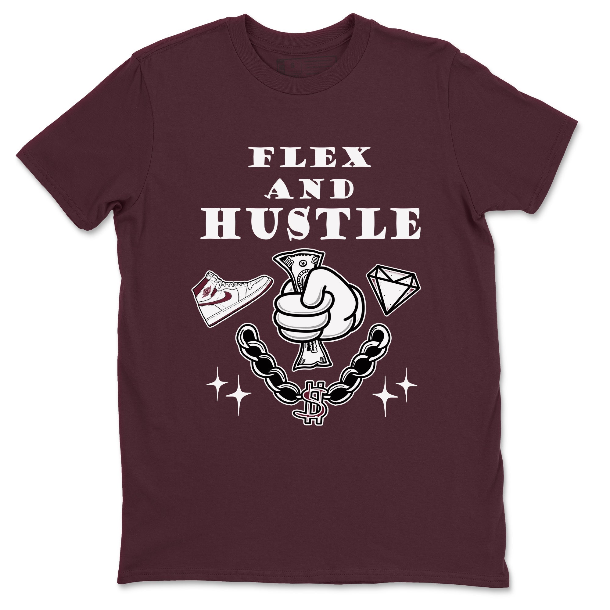 AJ1 High '85 Metallic Burgundy shirts to match jordans Flex And Hustle sneaker match tees 1s High '85 Metallic Burgundy SNRT Sneaker Tees streetwear brand Maroon 2 unisex cotton tee