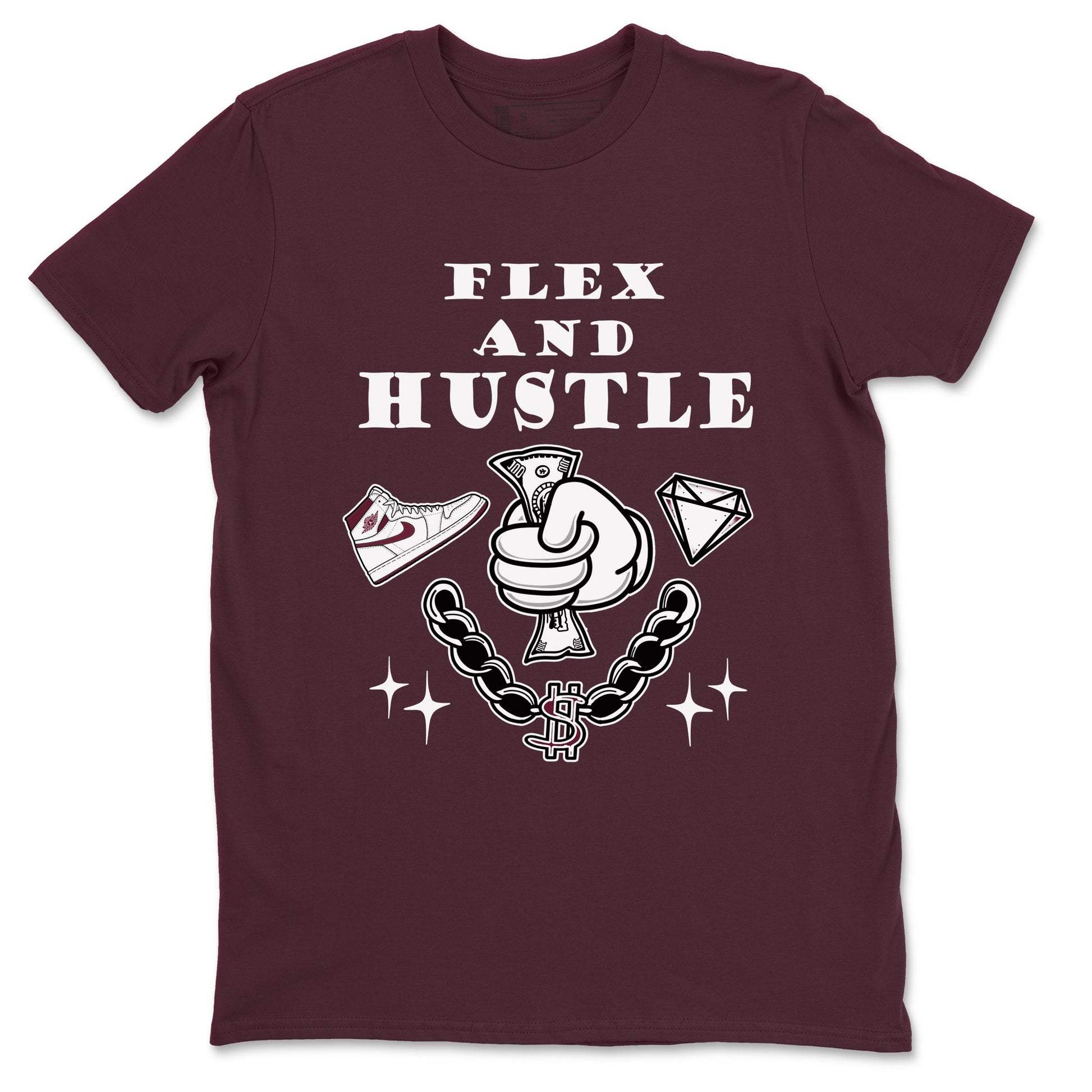 AJ1 High '85 Metallic Burgundy shirts to match jordans Flex And Hustle sneaker match tees 1s High '85 Metallic Burgundy SNRT Sneaker Tees streetwear brand Maroon 2 unisex cotton tee