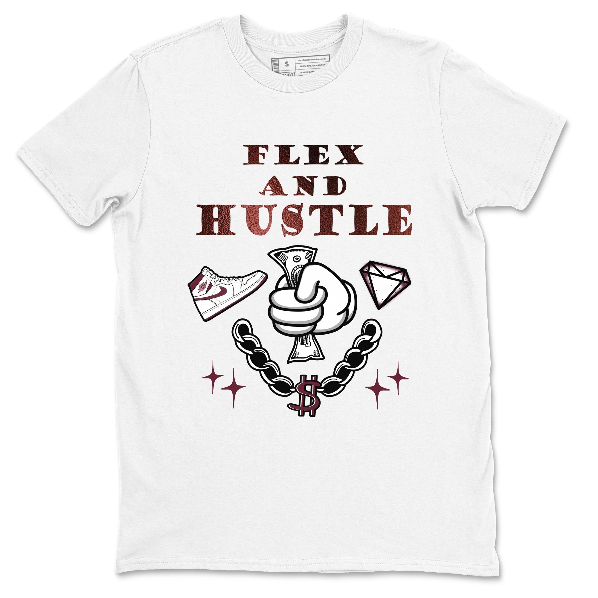AJ1 High '85 Metallic Burgundy shirts to match jordans Flex And Hustle sneaker match tees 1s High '85 Metallic Burgundy SNRT Sneaker Tees streetwear brand White 2 unisex cotton tee