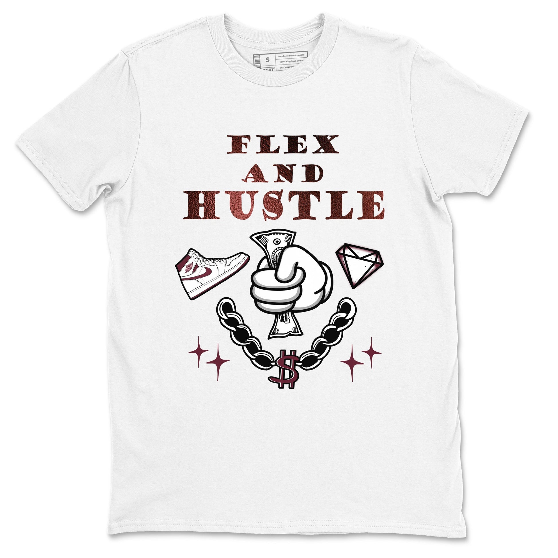 AJ1 High '85 Metallic Burgundy shirts to match jordans Flex And Hustle sneaker match tees 1s High '85 Metallic Burgundy SNRT Sneaker Tees streetwear brand White 2 unisex cotton tee