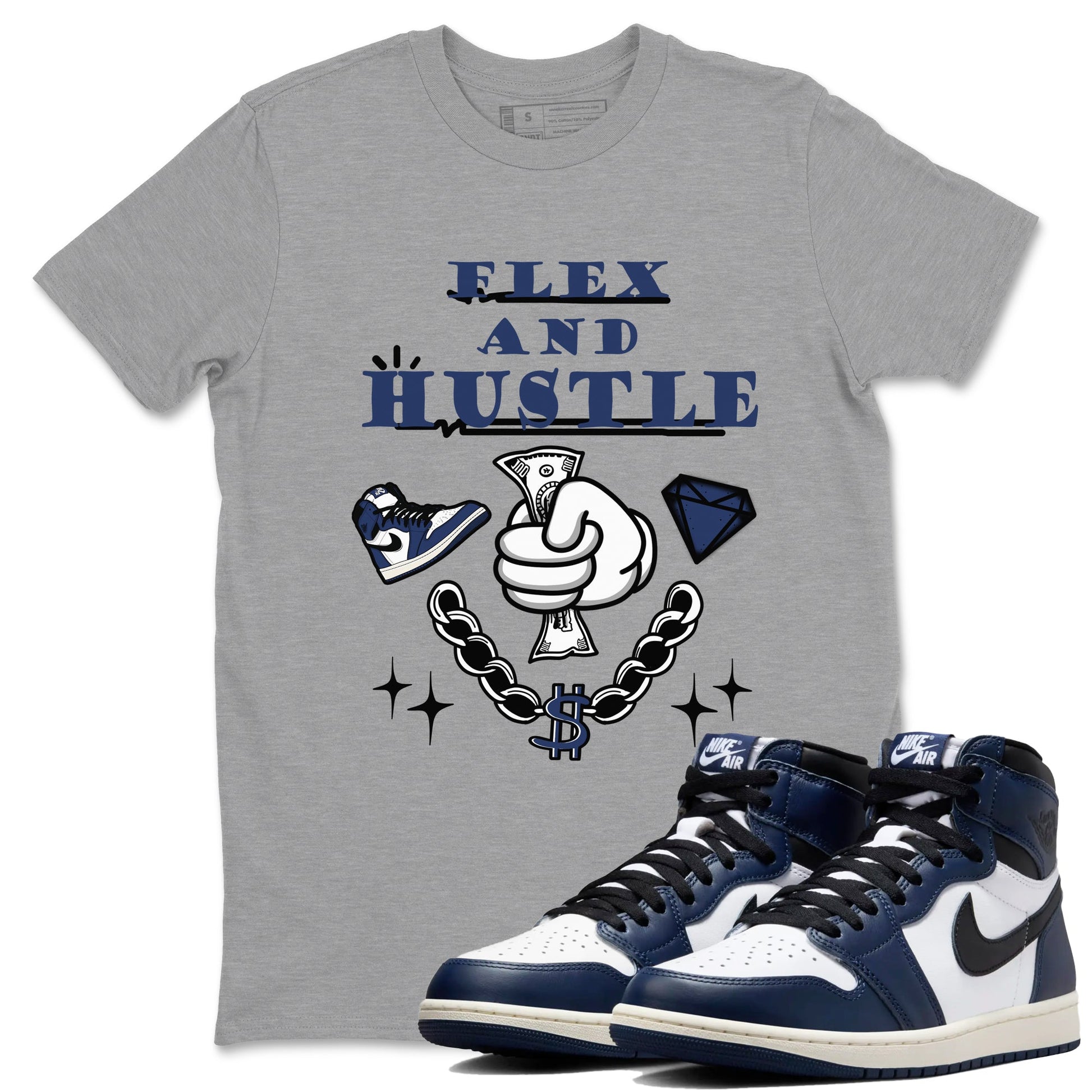 1s Midnight Navy shirts to match jordans Flex And Hustle sneaker match tees Air Jordan 1 Midnight Navy match shoes to clothes SNRT Sneaker Tees unisex cotton Heather Grey 1 shirts