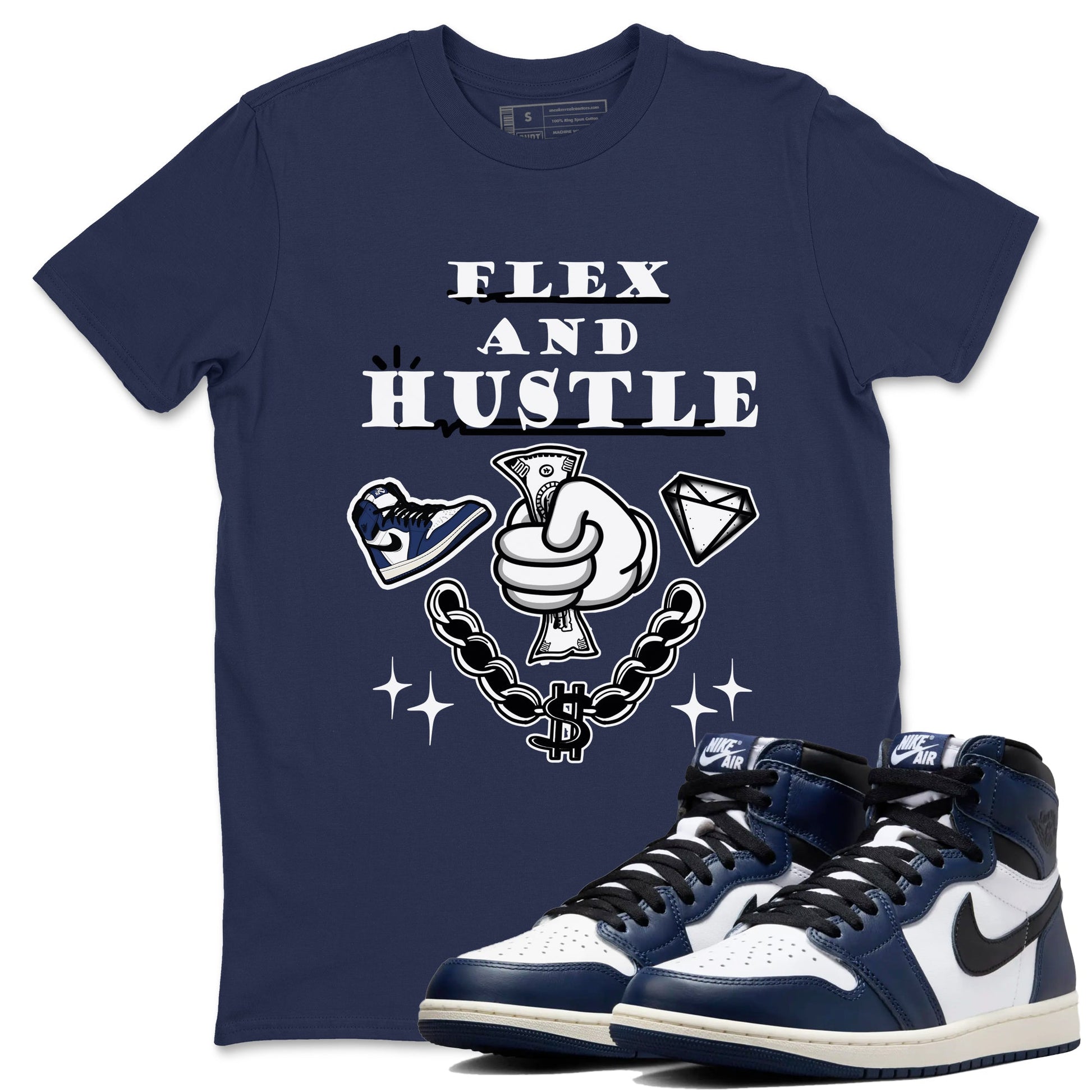 1s Midnight Navy shirts to match jordans Flex And Hustle sneaker match tees Air Jordan 1 Midnight Navy match shoes to clothes SNRT Sneaker Tees unisex cotton Navy 1 shirts