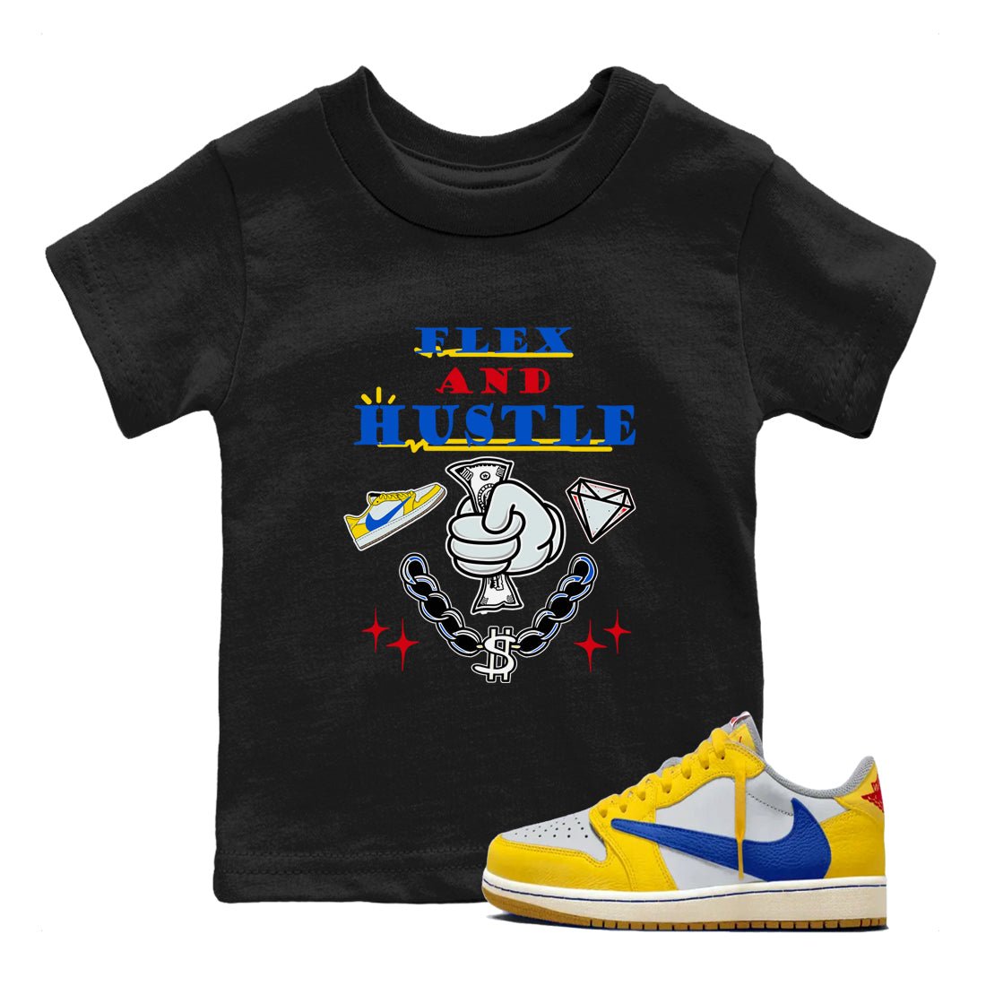 AJ1 Travis Scott Canary shirt to match jordans Flex And Hustle sneaker tees Air Jordan 1 Travis Scott Canary SNRT sneaker release tees baby toddler Black 1 cotton Shirt
