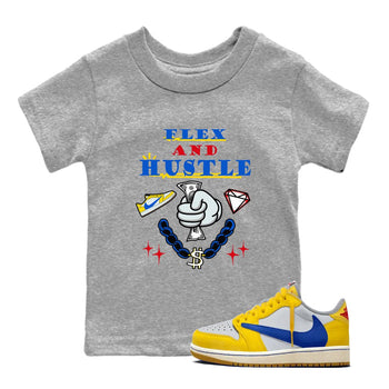 AJ1 Travis Scott Canary shirt to match jordans Flex And Hustle sneaker tees Air Jordan 1 Travis Scott Canary SNRT sneaker release tees baby toddler Heather Grey 1 cotton Shirt