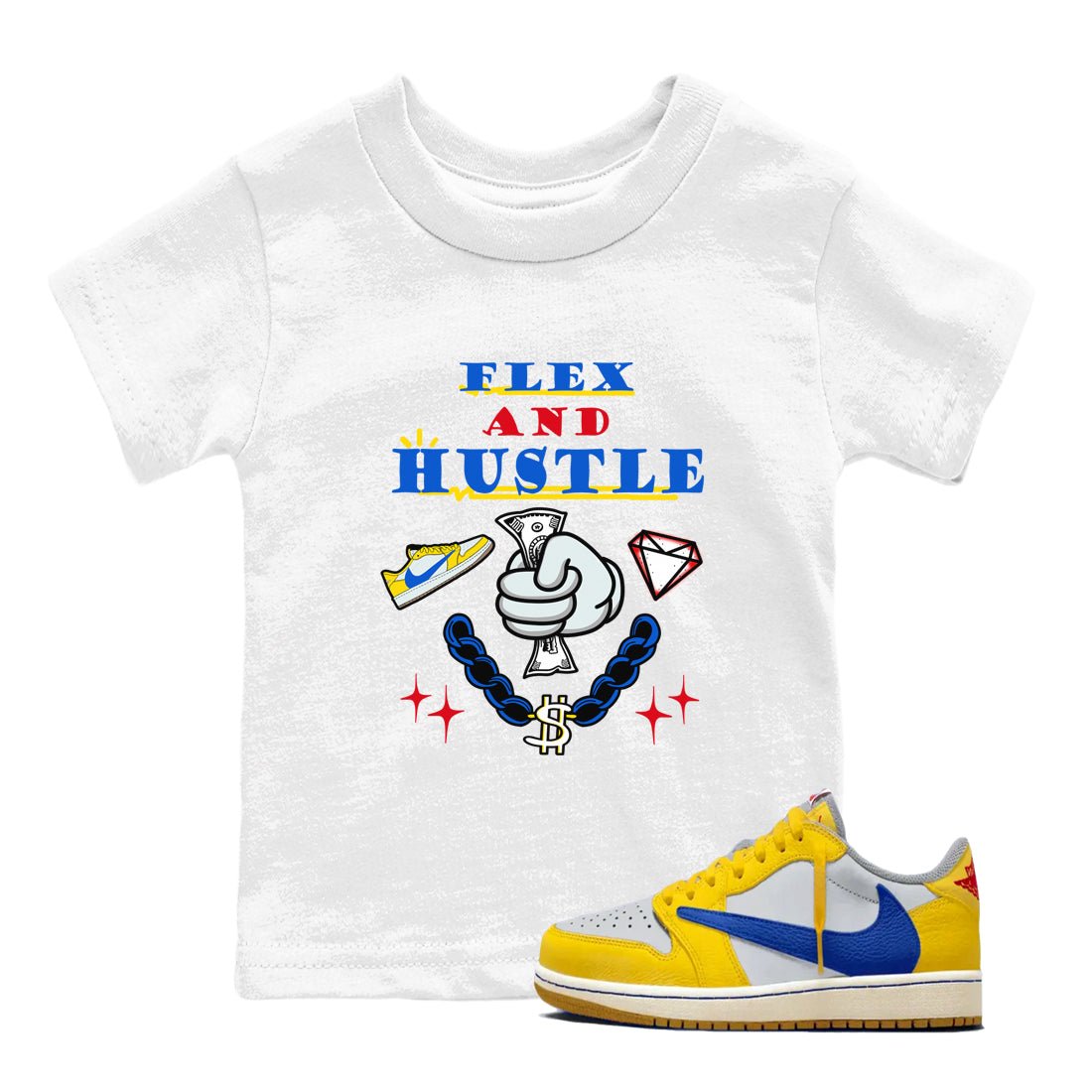 AJ1 Travis Scott Canary shirt to match jordans Flex And Hustle sneaker tees Air Jordan 1 Travis Scott Canary SNRT sneaker release tees baby toddler White 1 cotton Shirt