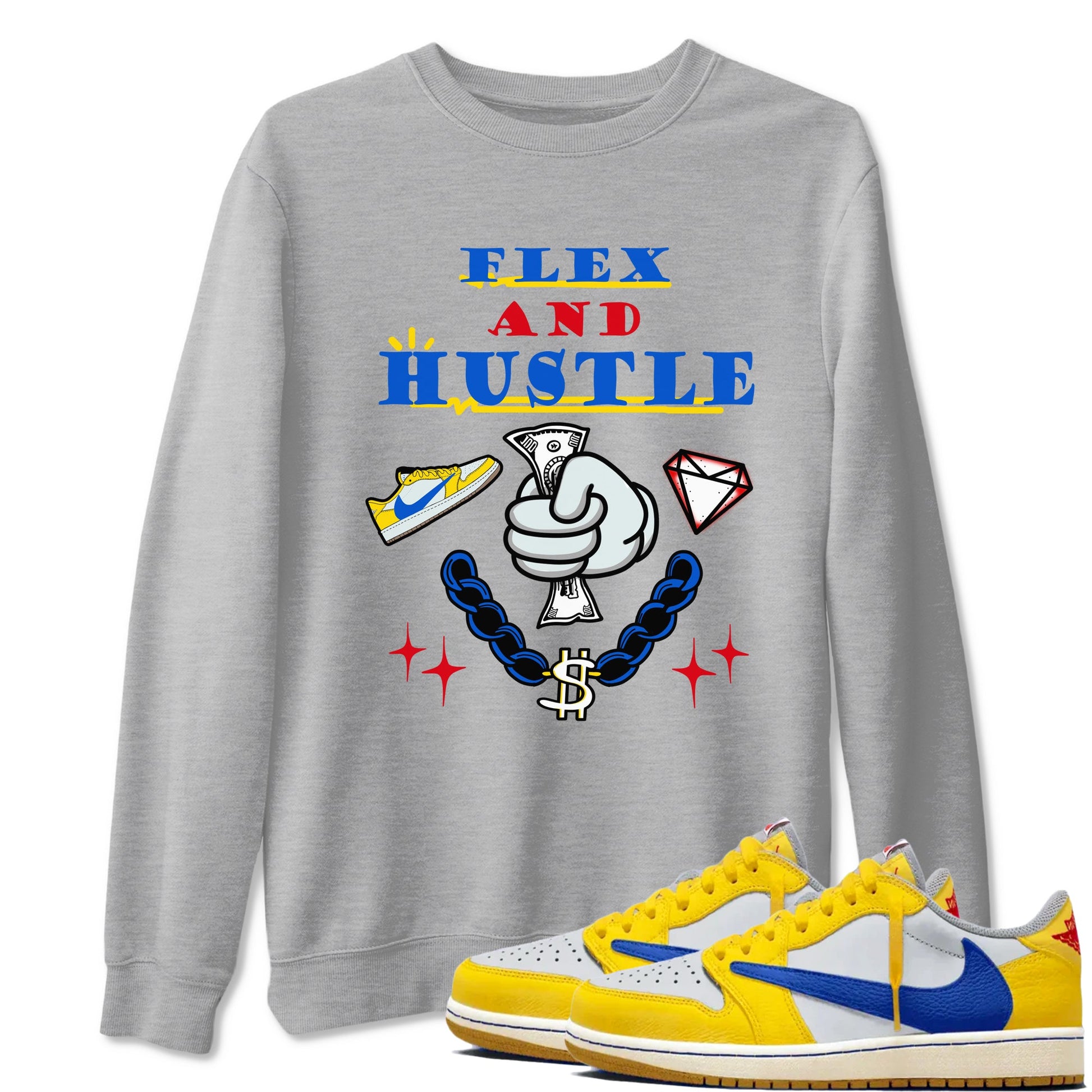 AJ1 Travis Scott Canary shirt to match jordans Flex And Hustle sneaker tees Air Jordan 1 Travis Scott Canary SNRT Sneaker Release Tees unisex cotton Heather Grey 1 crew neck shirt