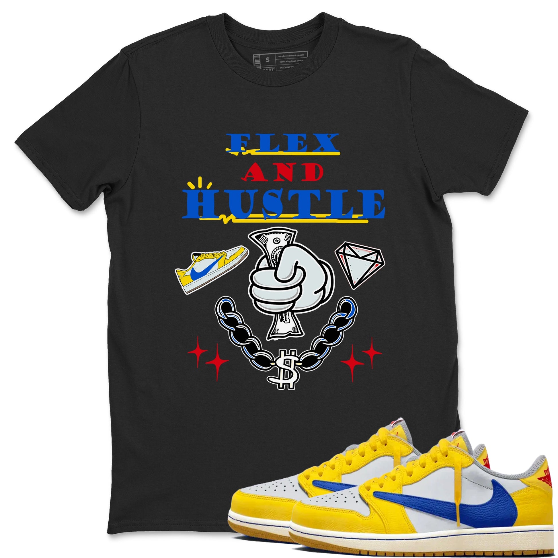 AJ1 Travis Scott Canary shirt to match jordans Flex And Hustle sneaker tees Air Jordan 1 Travis Scott Canary SNRT Sneaker Release Tees unisex cotton Black 1 crew neck shirt