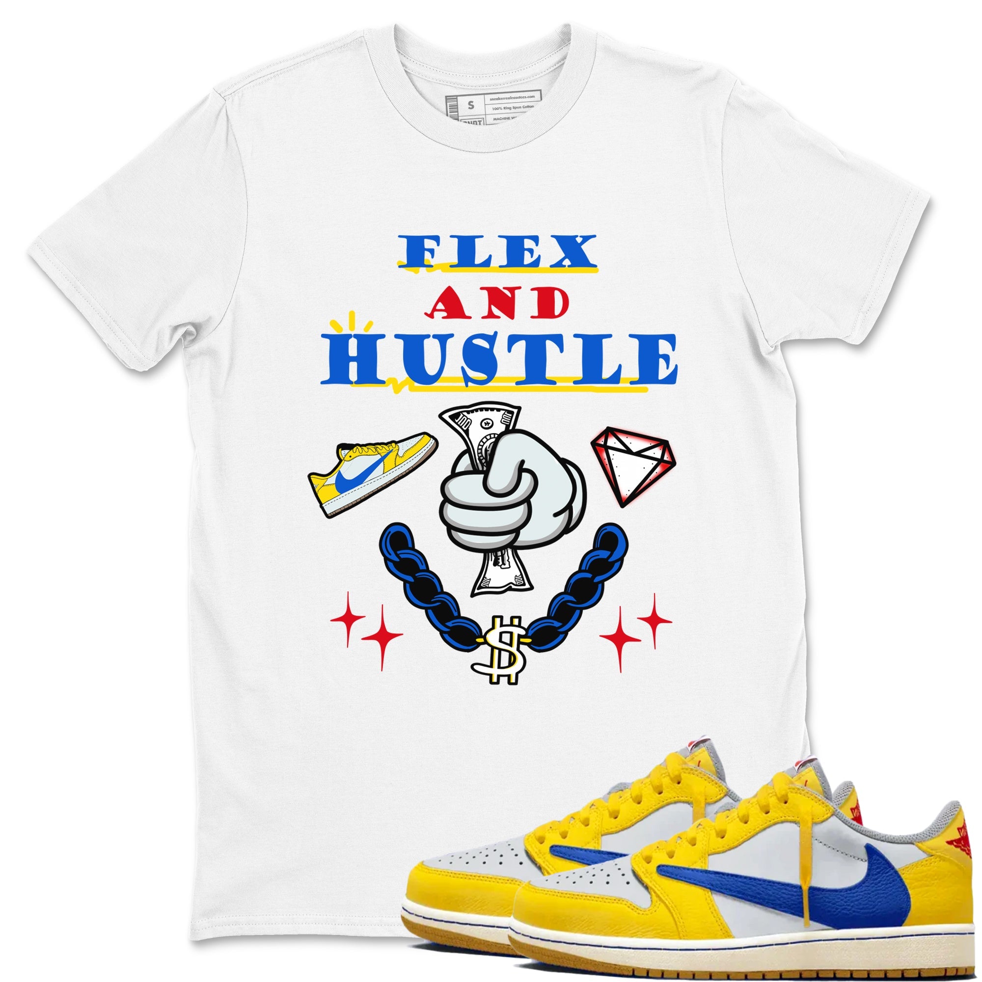 AJ1 Travis Scott Canary shirt to match jordans Flex And Hustle sneaker tees Air Jordan 1 Travis Scott Canary SNRT Sneaker Release Tees unisex cotton White 1 crew neck shirt