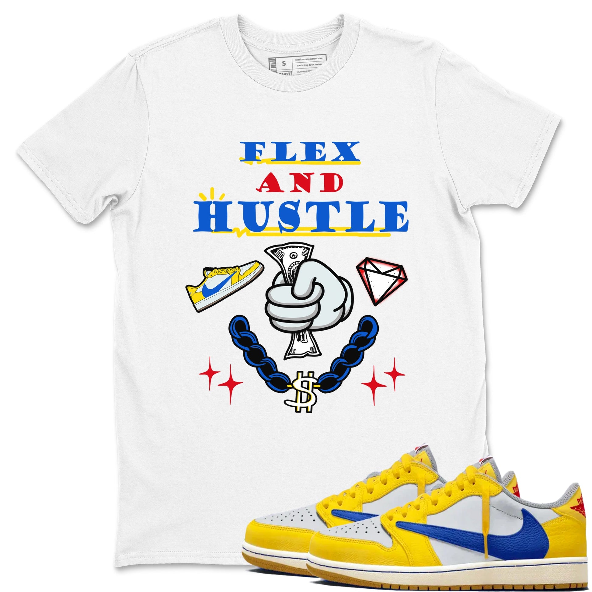 AJ1 Travis Scott Canary shirt to match jordans Flex And Hustle sneaker tees Air Jordan 1 Travis Scott Canary SNRT Sneaker Release Tees unisex cotton White 1 crew neck shirt
