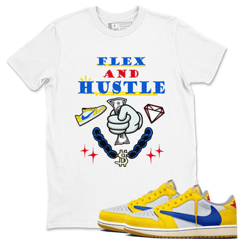 AJ1 Travis Scott Canary shirt to match jordans Flex And Hustle sneaker tees Air Jordan 1 Travis Scott Canary SNRT Sneaker Release Tees unisex cotton White 1 crew neck shirt