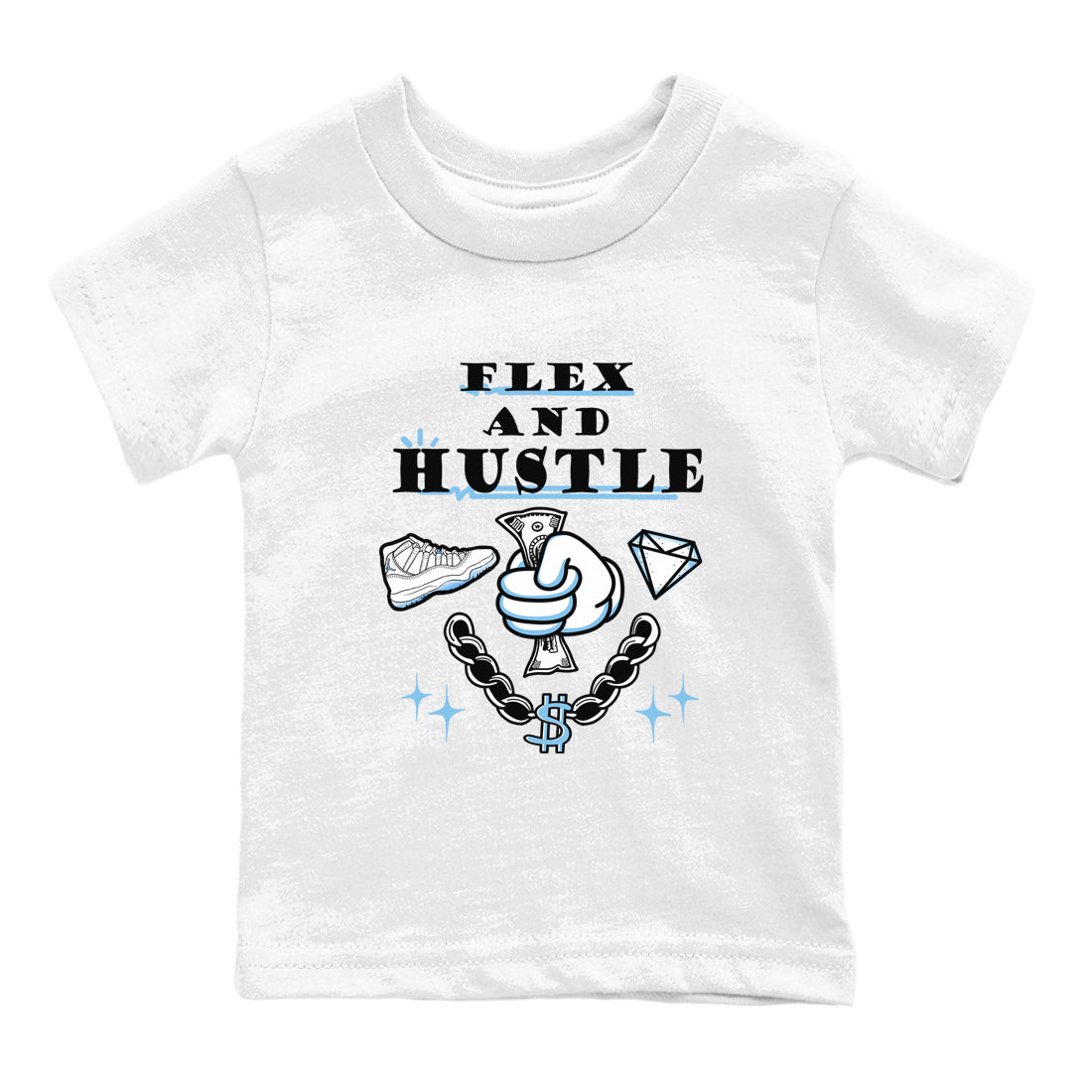11s Legend Blue shirts to match jordans Flex And Hustle best t shirts to wear with jordans AJ11 Retro Legend Blue match shoes to clothes SNRT Sneaker Tees Youth Baby White 2 tee