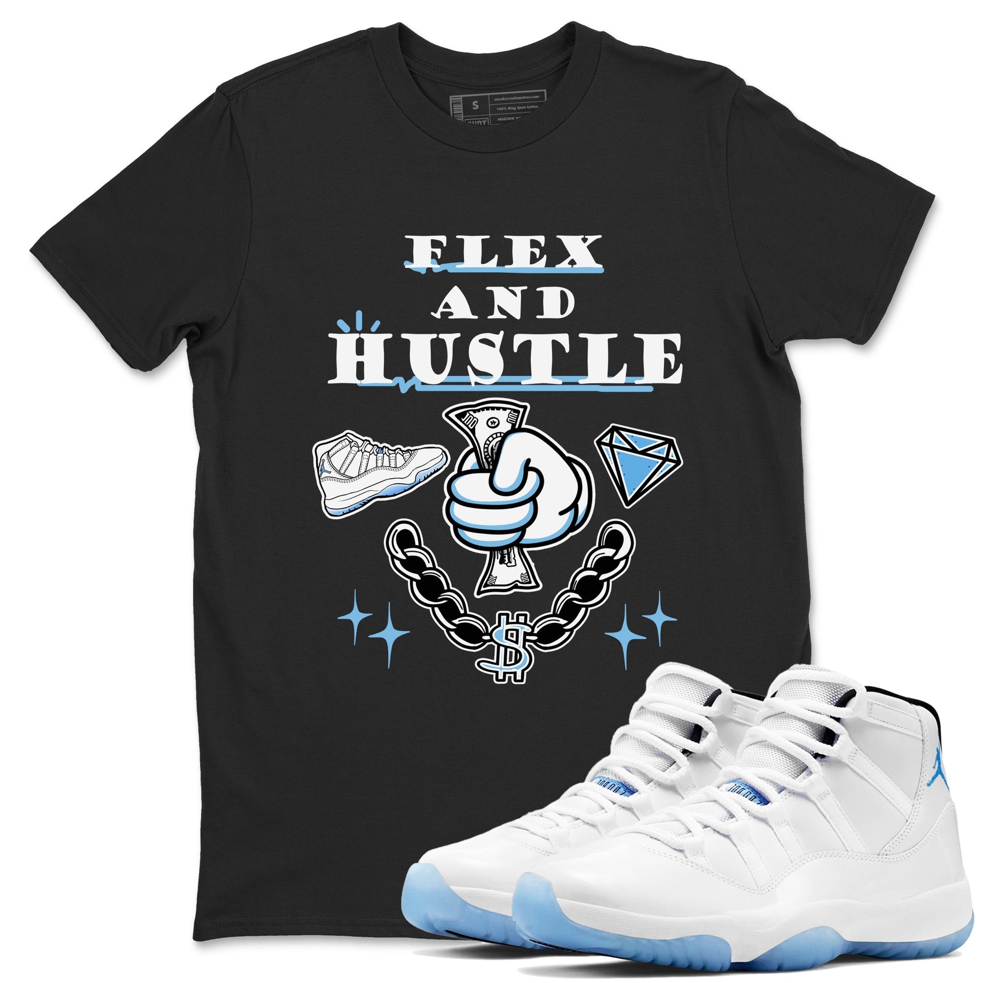 11s Legend Blue shirts to match jordans Flex And Hustle best t shirts to wear with jordans AJ11 Retro Legend Blue match shoes to clothes SNRT Sneaker Tees unisex cotton Black 1 shirts