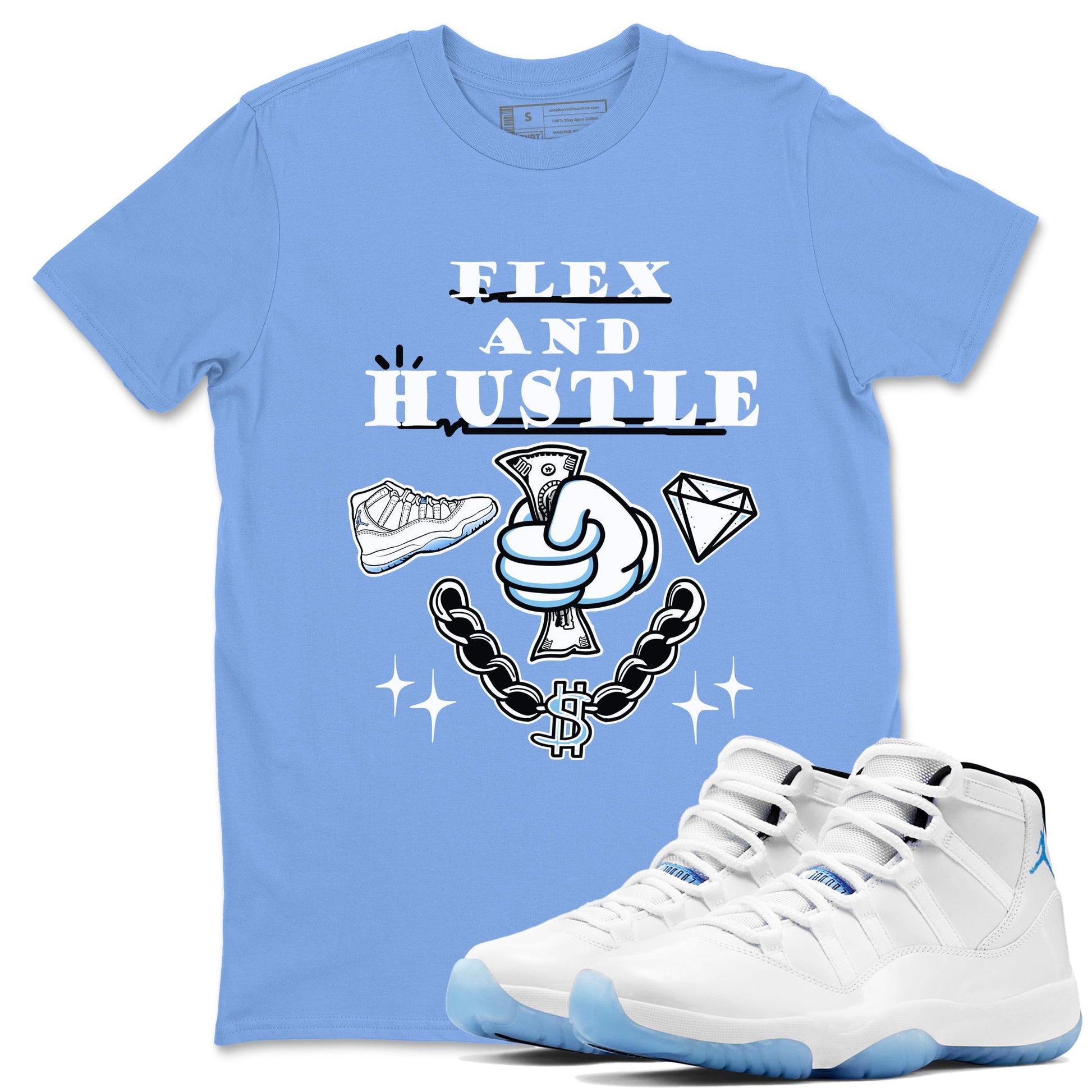 11s Legend Blue shirts to match jordans Flex And Hustle best t shirts to wear with jordans AJ11 Retro Legend Blue match shoes to clothes SNRT Sneaker Tees unisex cotton Carolina Blue 1 shirts