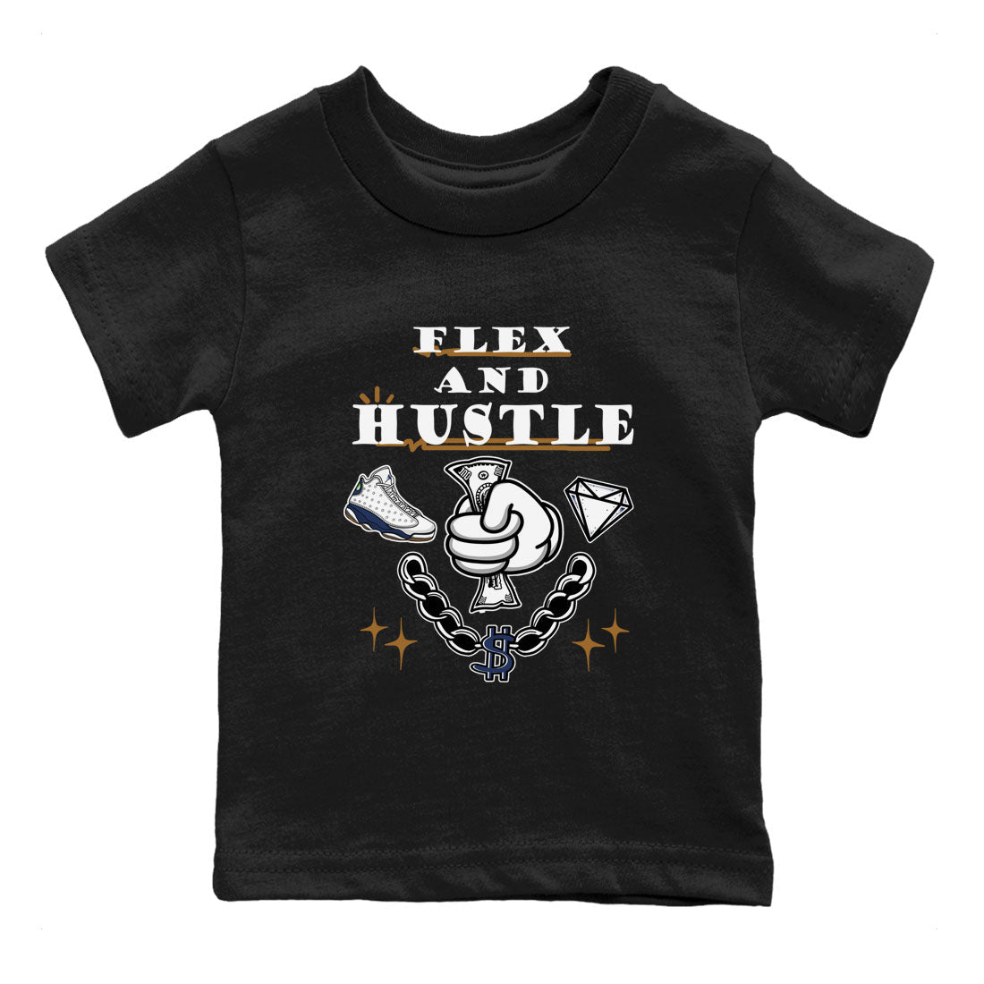 13s Midnight Navy shirts to match jordans Flex And Hustle sneaker match tees Air Jordan 13 Midnight Navy SNRT Sneaker Release Tees Youth Baby Black 2 crew neck shirts