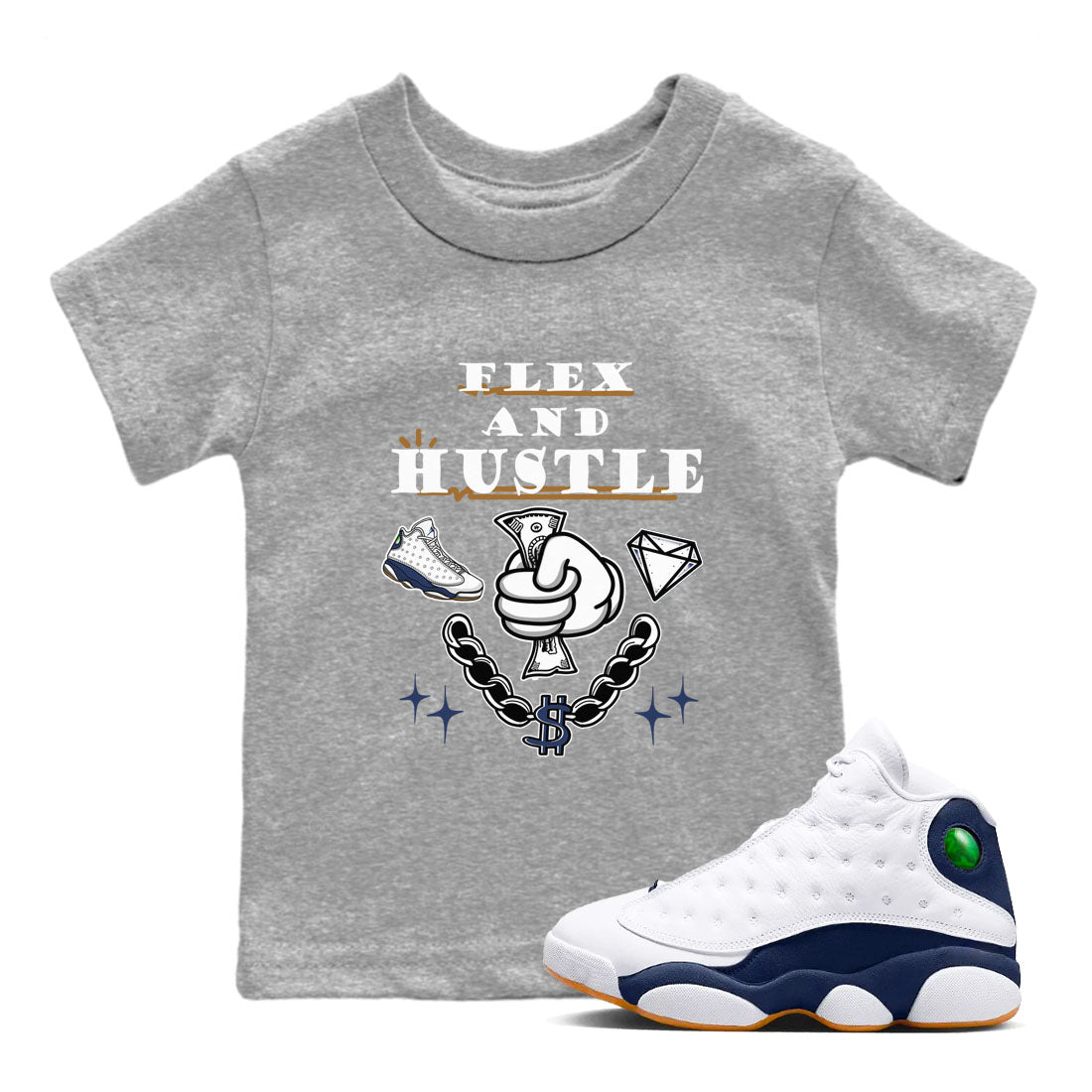 13s Midnight Navy shirts to match jordans Flex And Hustle sneaker match tees Air Jordan 13 Midnight Navy SNRT Sneaker Release Tees Youth Baby Heather Grey 1 crew neck shirts