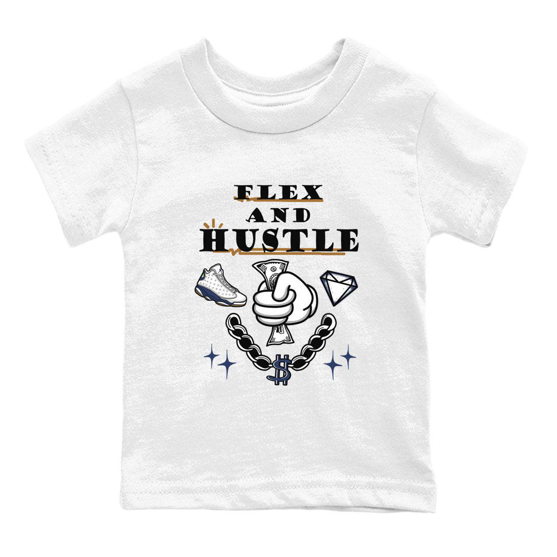 13s Midnight Navy shirts to match jordans Flex And Hustle sneaker match tees Air Jordan 13 Midnight Navy SNRT Sneaker Release Tees Youth Baby White 2 crew neck shirts
