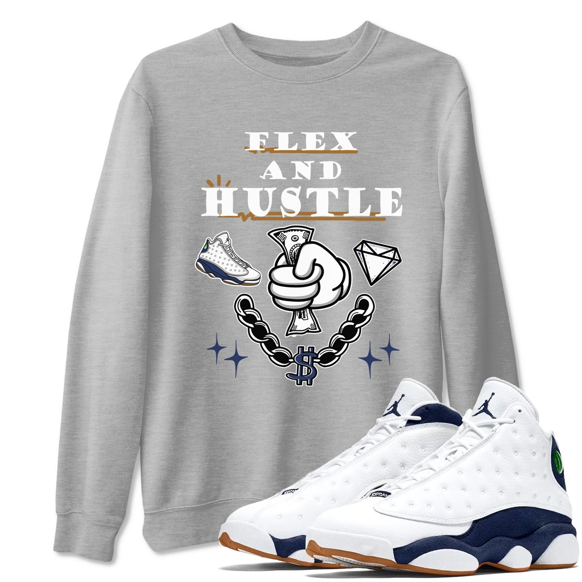 13s Midnight Navy shirts to match jordans Flex And Hustle sneaker match tees Air Jordan 13 Midnight Navy SNRT Sneaker Release Tees unisex cotton Heather Grey 1 crew neck shirts