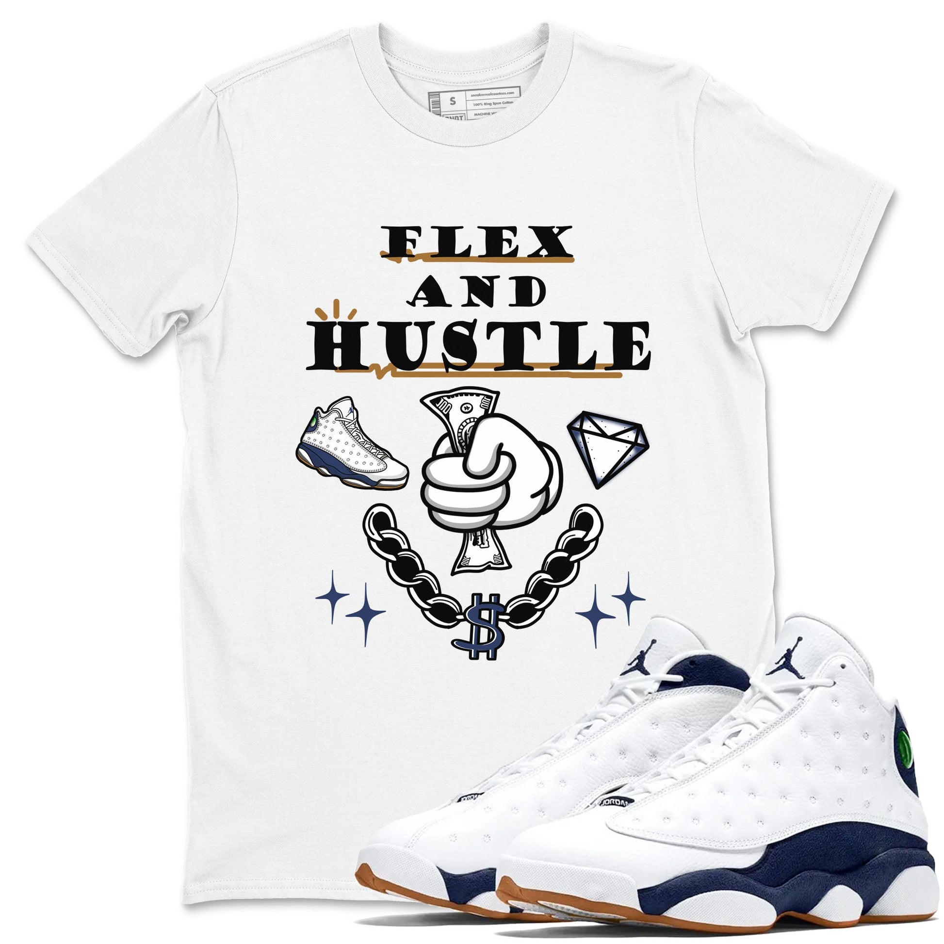 13s Midnight Navy shirts to match jordans Flex And Hustle sneaker match tees Air Jordan 13 Midnight Navy SNRT Sneaker Release Tees unisex cotton White 1 crew neck shirts