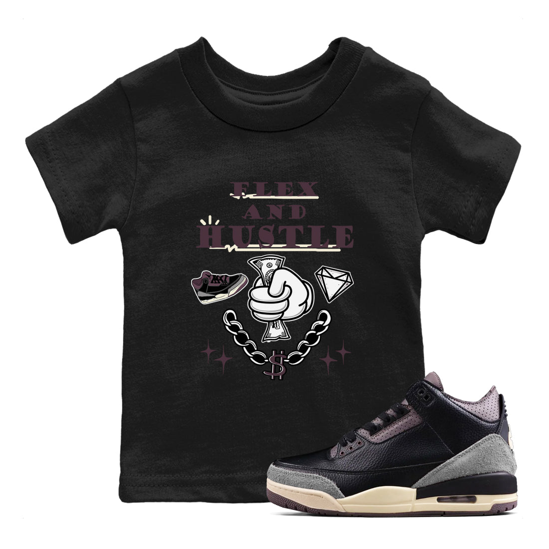 AJ3 A Ma Maniere x Black shirts to match jordans Flex And Hustle sneaker match tees A Ma Maniere x Air Jordan 3 “Black” SNRT Sneaker Tees streetwear brand Baby and Youth Black 1 cotton tee