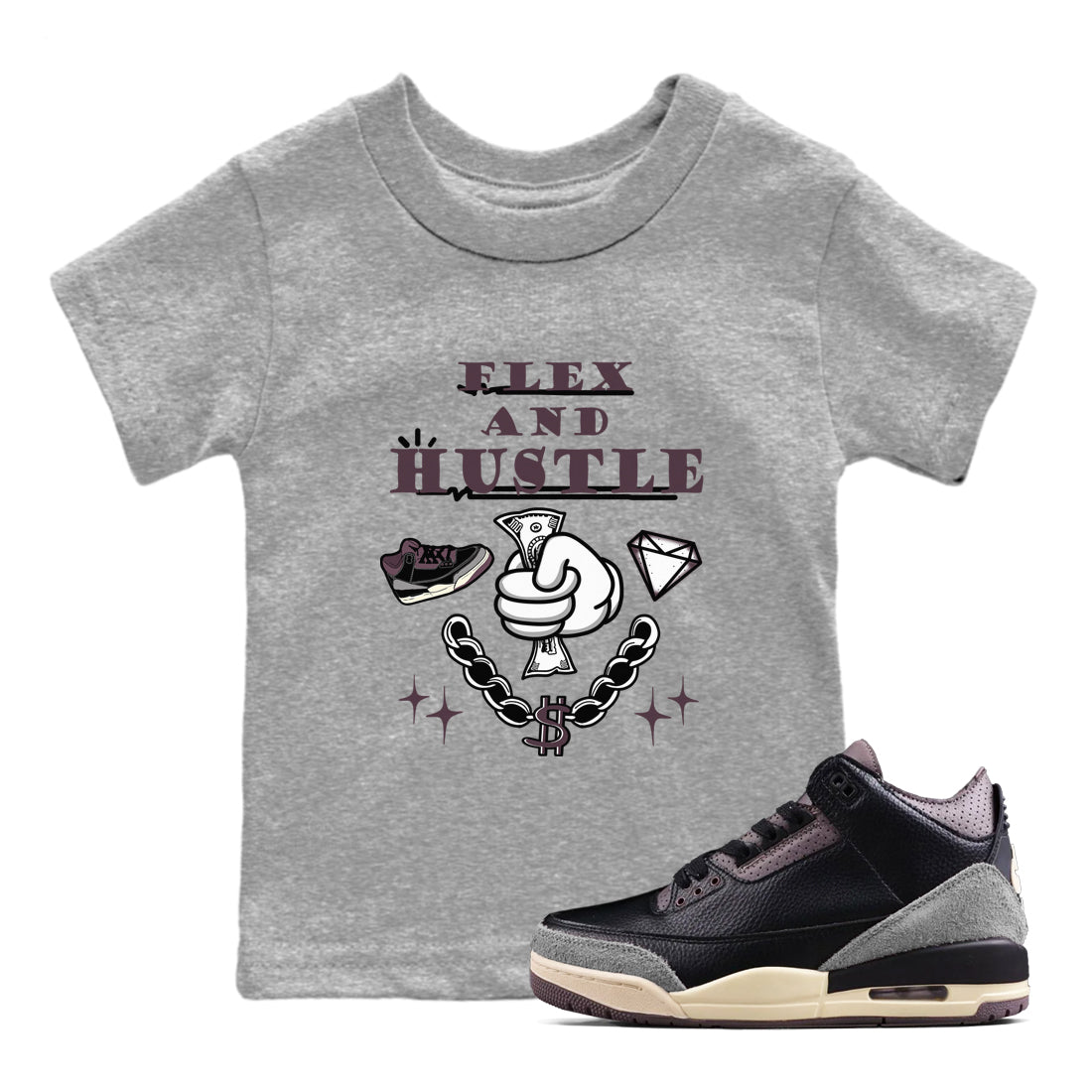 AJ3 A Ma Maniere x Black shirts to match jordans Flex And Hustle sneaker match tees A Ma Maniere x Air Jordan 3 “Black” SNRT Sneaker Tees streetwear brand Baby and Youth Heather Grey 1 cotton tee