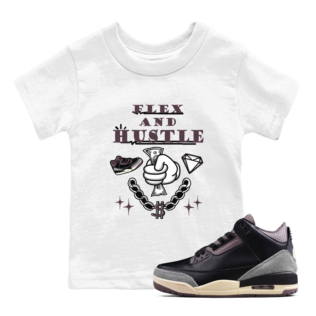 AJ3 A Ma Maniere x Black shirts to match jordans Flex And Hustle sneaker match tees A Ma Maniere x Air Jordan 3 “Black” SNRT Sneaker Tees streetwear brand Baby and Youth White 1 cotton tee