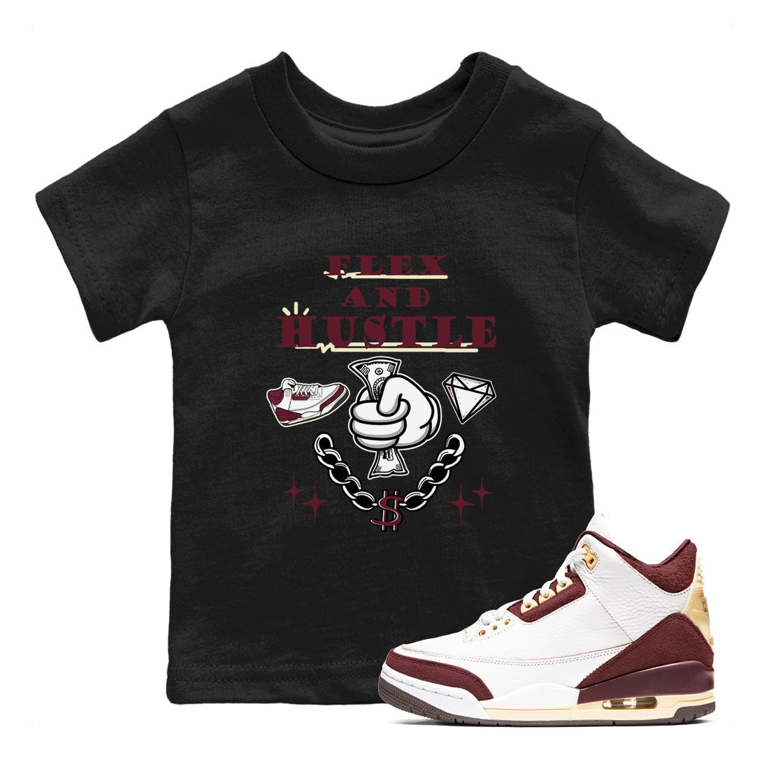 3s A Ma Maniere x Burgundy Crush shirts to match jordans Flex And Hustle sneaker match teesA Ma Maniére x Air Jordan 3 "Burgundy Crush" SNRT Sneaker Tees streetwear brand Baby and Youth Black 1 cotton tee
