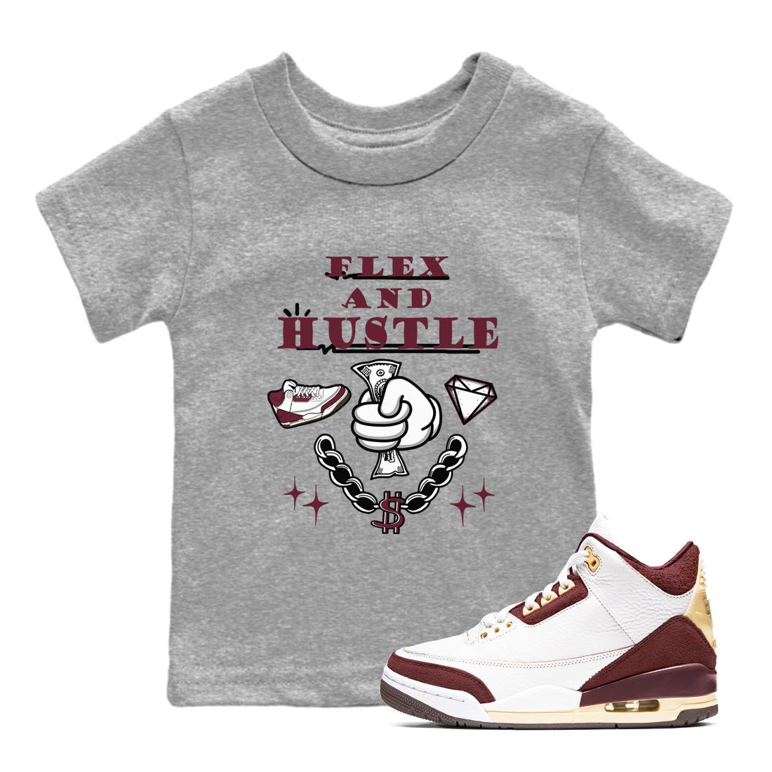 3s A Ma Maniere x Burgundy Crush shirts to match jordans Flex And Hustle sneaker match teesA Ma Maniére x Air Jordan 3 "Burgundy Crush" SNRT Sneaker Tees streetwear brand Baby and Youth Heather Grey 1 cotton tee