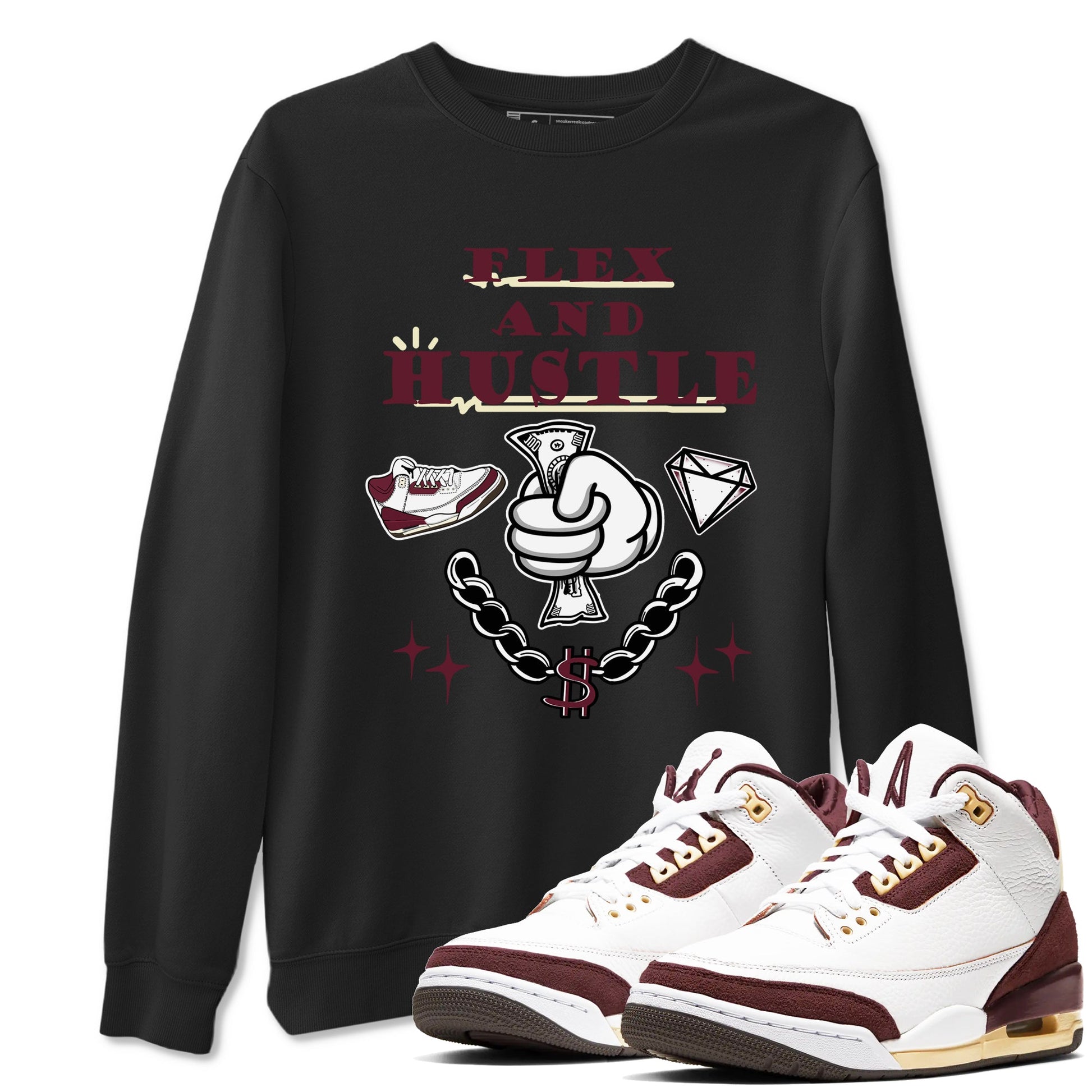 3s A Ma Maniere x Burgundy Crush shirts to match jordans Flex And Hustle sneaker match teesA Ma Maniére x Air Jordan 3 "Burgundy Crush" SNRT Sneaker Tees streetwear brand Black 1 unisex cotton tee