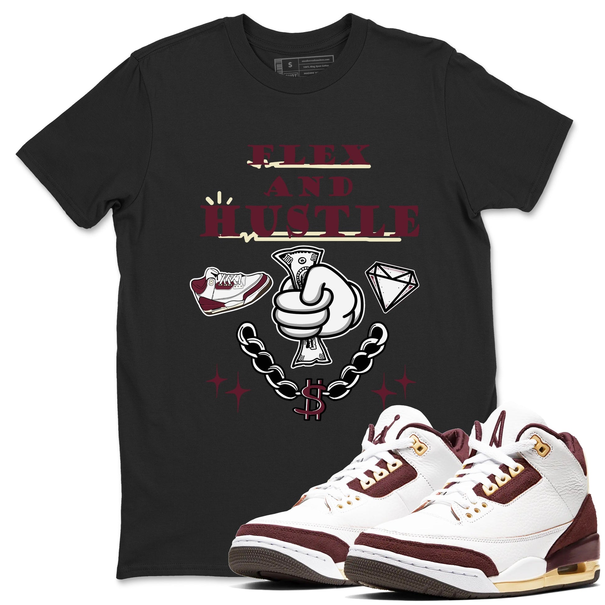 3s A Ma Maniere x Burgundy Crush shirts to match jordans Flex And Hustle sneaker match teesA Ma Maniére x Air Jordan 3 "Burgundy Crush" SNRT Sneaker Tees streetwear brand Black 1 unisex cotton tee
