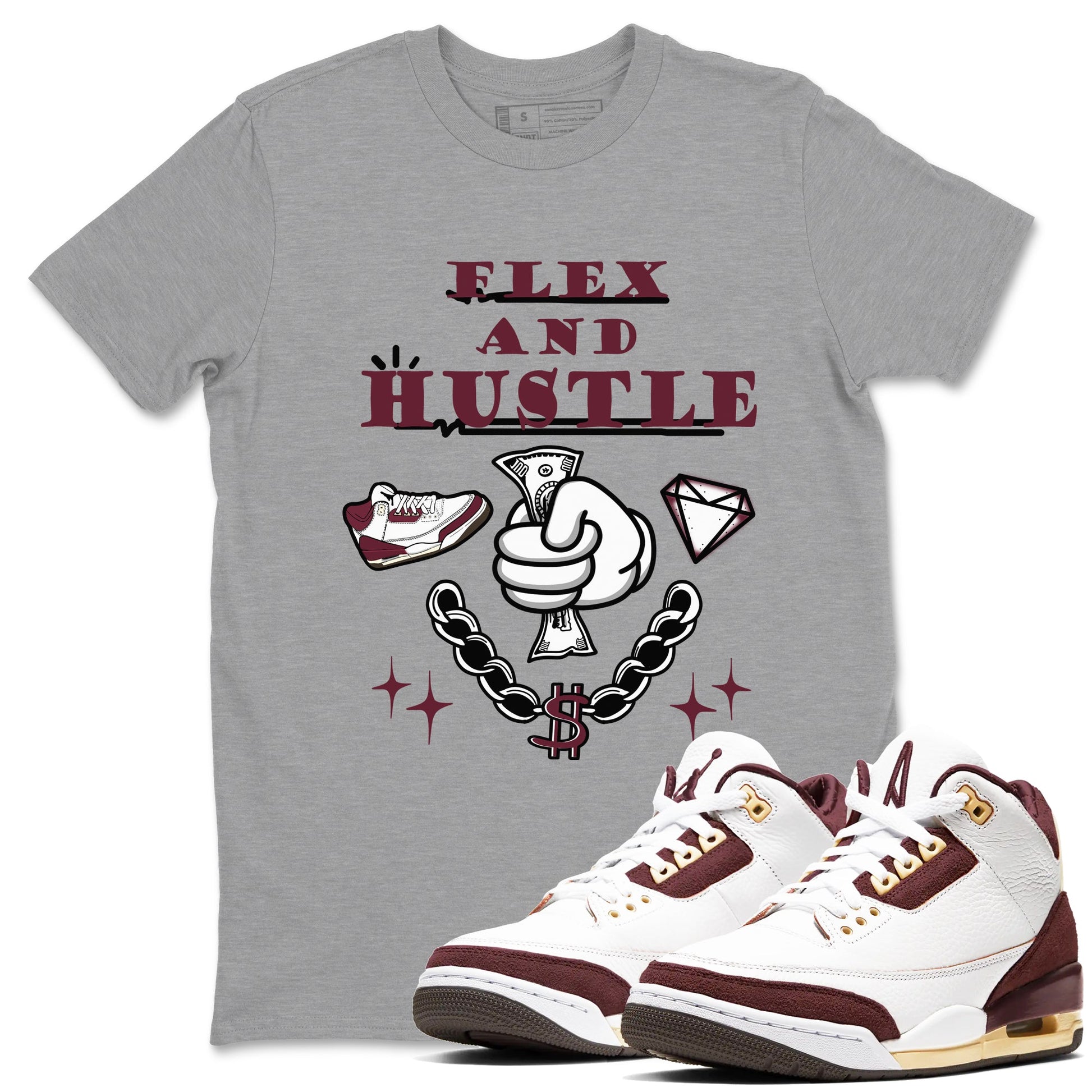 3s A Ma Maniere x Burgundy Crush shirts to match jordans Flex And Hustle sneaker match teesA Ma Maniére x Air Jordan 3 "Burgundy Crush" SNRT Sneaker Tees streetwear brand Heather Grey 1 unisex cotton tee