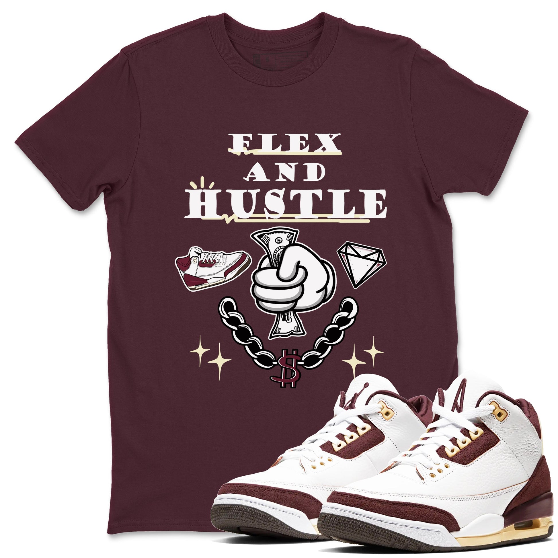 3s A Ma Maniere x Burgundy Crush shirts to match jordans Flex And Hustle sneaker match teesA Ma Maniére x Air Jordan 3 "Burgundy Crush" SNRT Sneaker Tees streetwear brand Maroon 1 unisex cotton tee