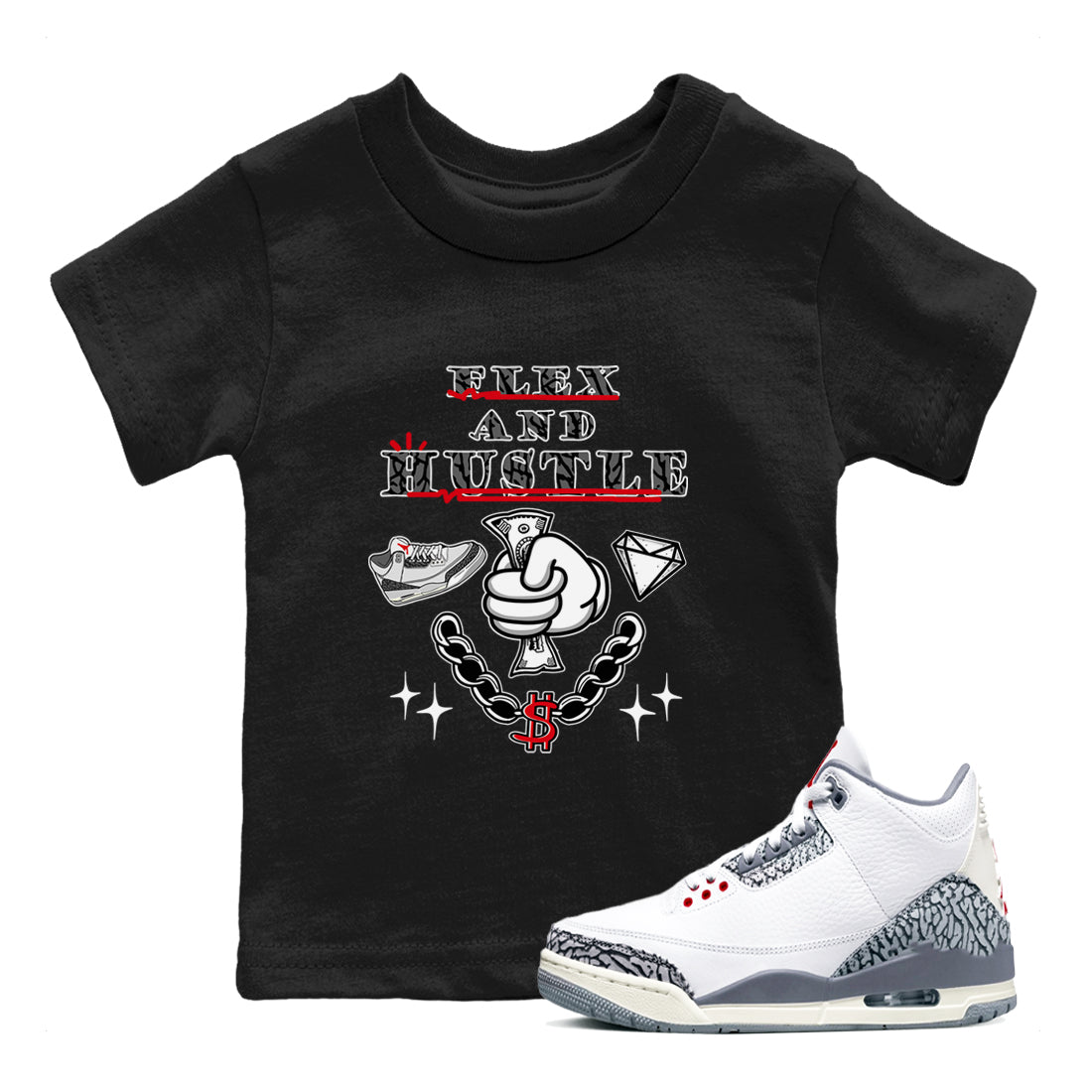 3s Cement Grey shirts to match jordans Flex And Hustle sneaker match tees Air Jordan 3 Cement Grey SNRT Sneaker Release Tees Youth Baby Black 1 crew neck shirts